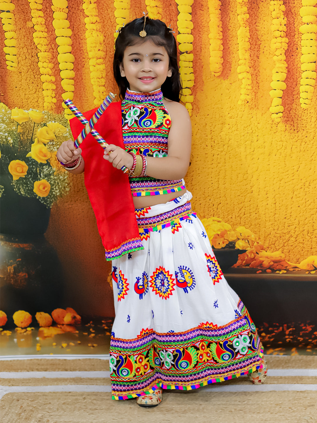 Embroidered Kedia Dhoti Cap Set for Boys with Embroidered Lehenga Halter Neck Choli Dupatta Set for Girls- White