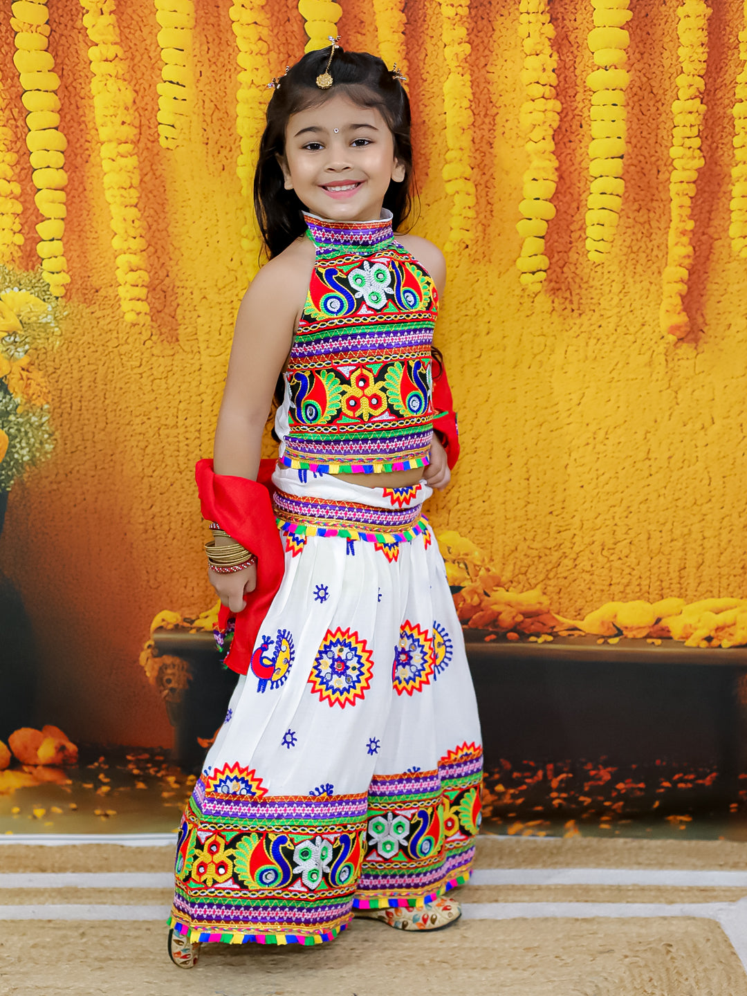 BownBee Embroidered Printed Cotton Chaniya Choli Dupatta Set For Girls -White