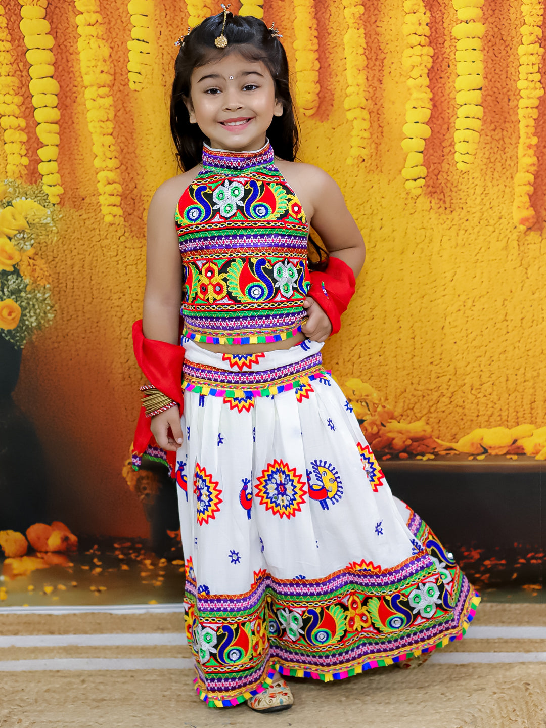 BownBee Embroidered Printed Cotton Chaniya Choli Dupatta Set For Girls -White