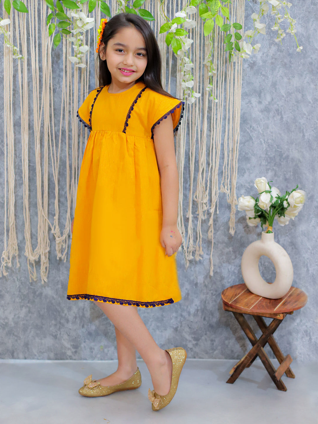 BownBee Pure Cotton Panelled Summer Frock for Girls- Orange