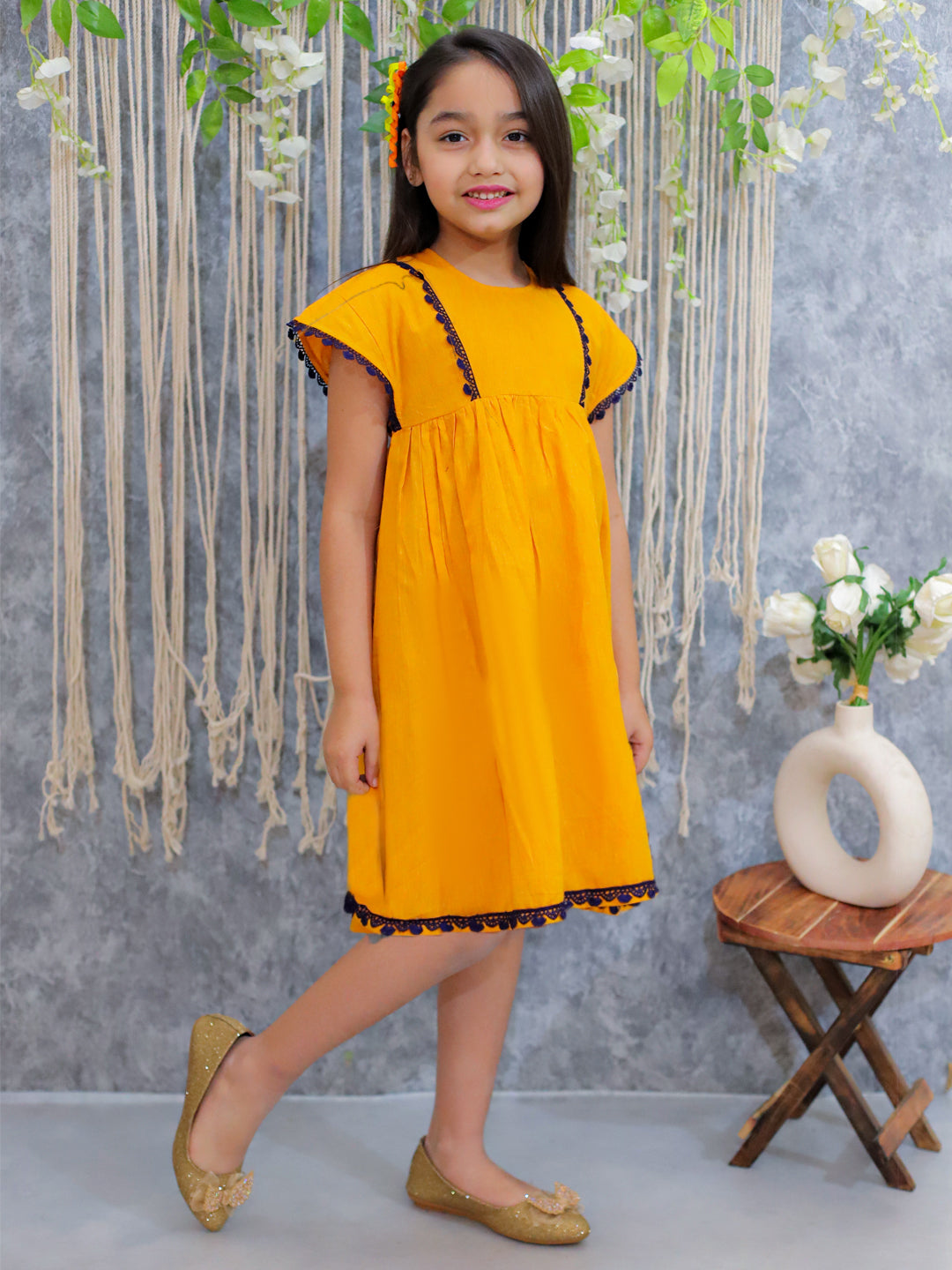 BownBee Pure Cotton Panelled Summer Frock for Girls- Orange