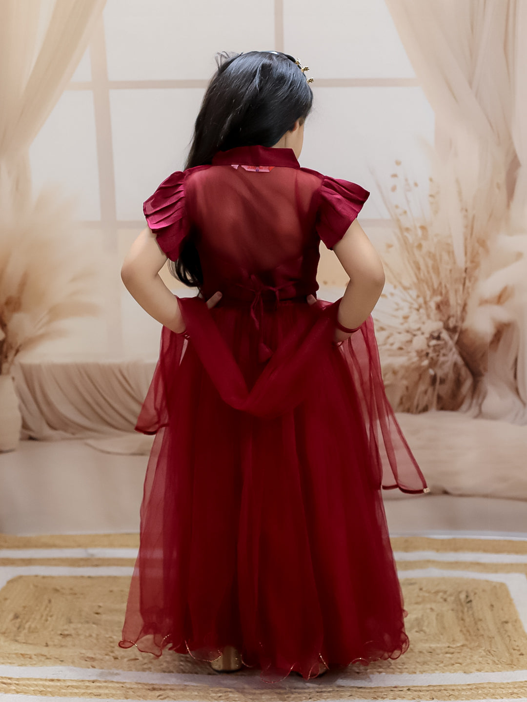 BownBee Sheer Back Front Open Choli with Lehenga & Dupatta- Wine