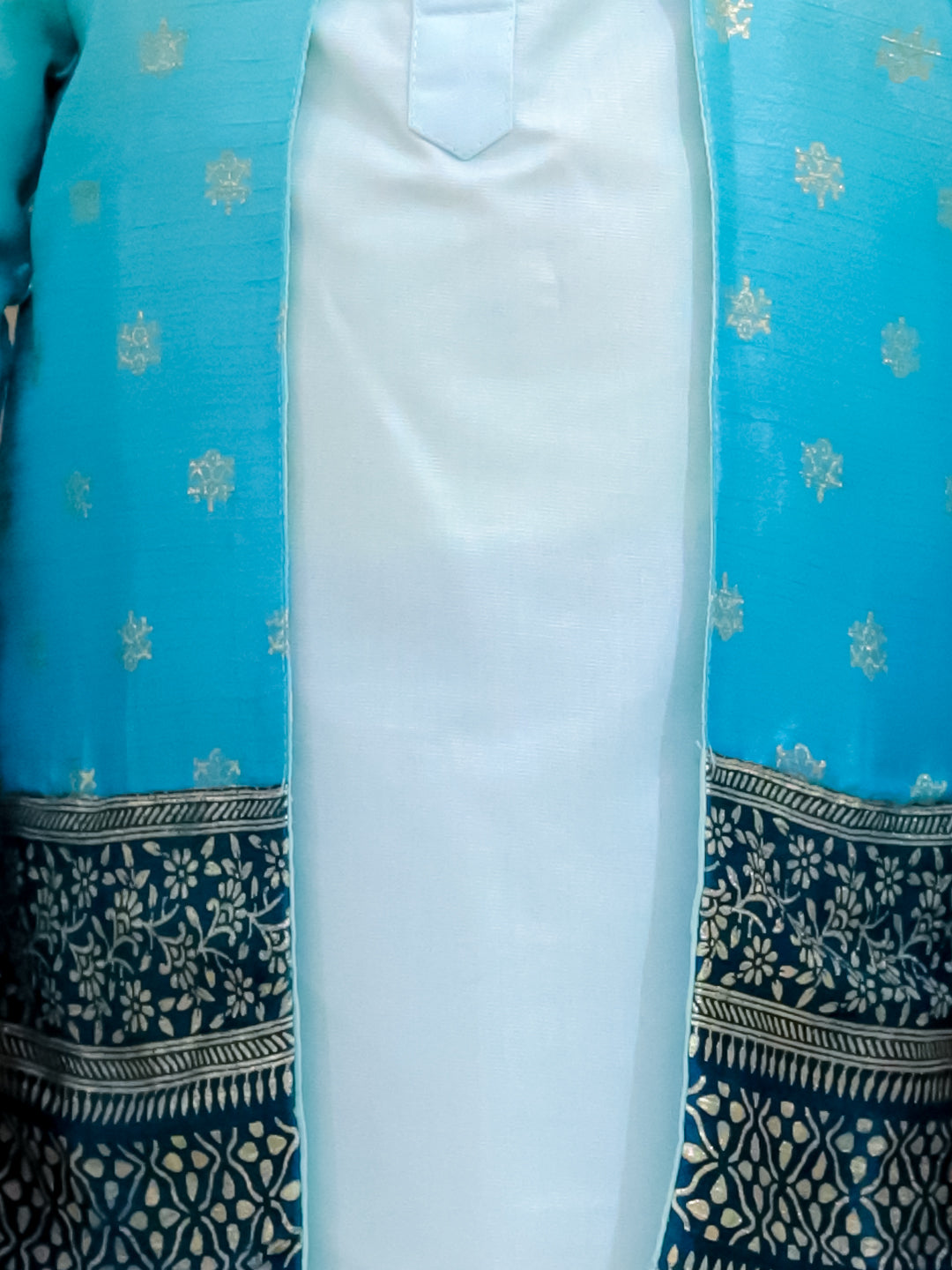 BownBee Foil Print Long Jacket with Kurta Pajama for Boys- Blue