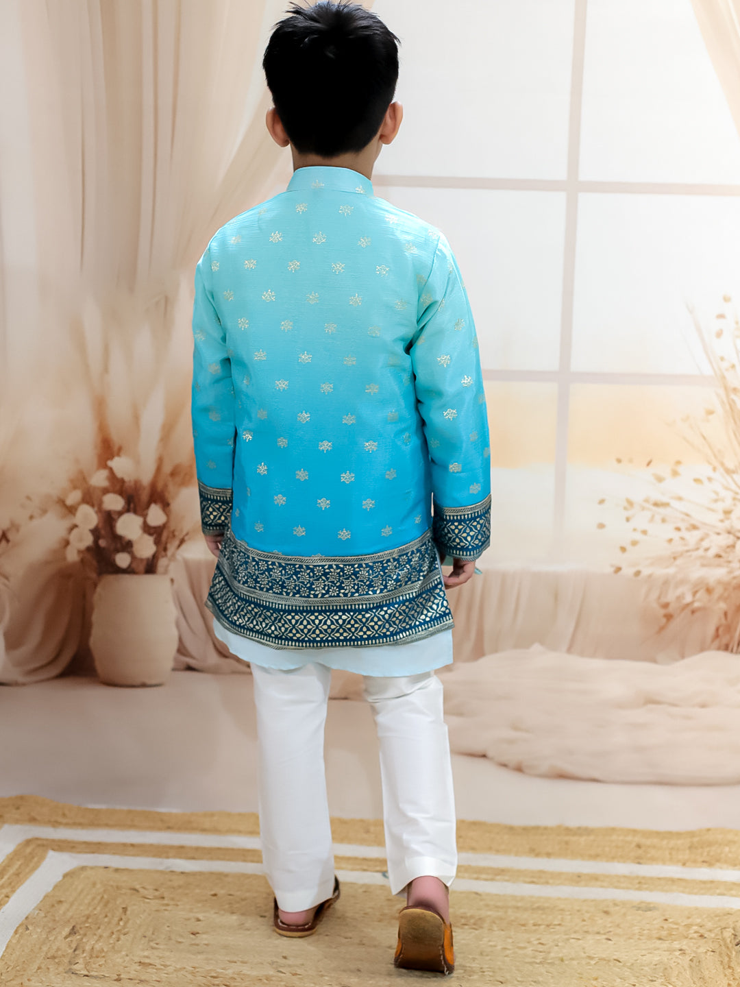 BownBee Foil Print Long Jacket with Kurta Pajama for Boys- Blue