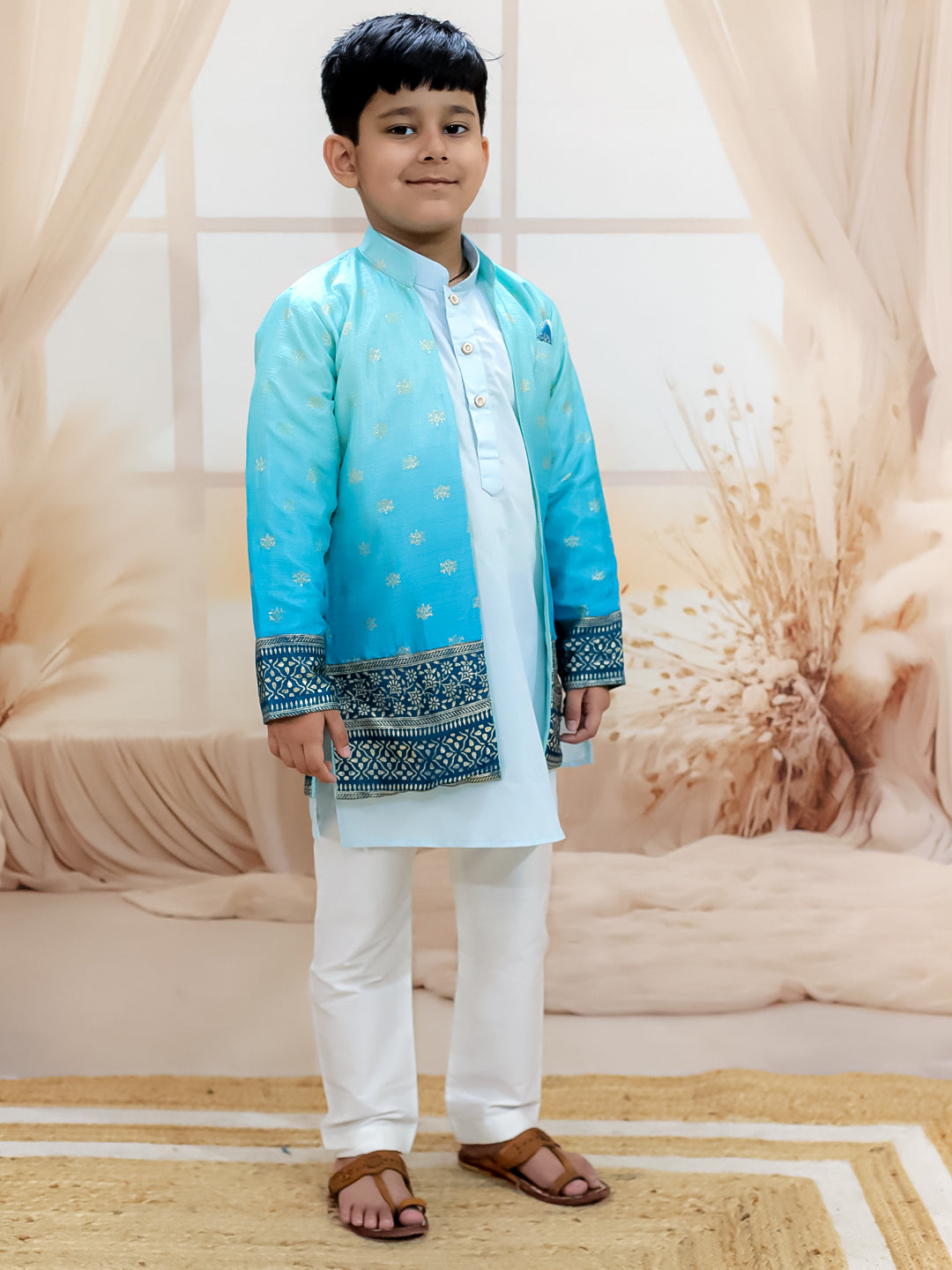 BownBee Foil Print Long Jacket with Kurta Pajama for Boys- Blue