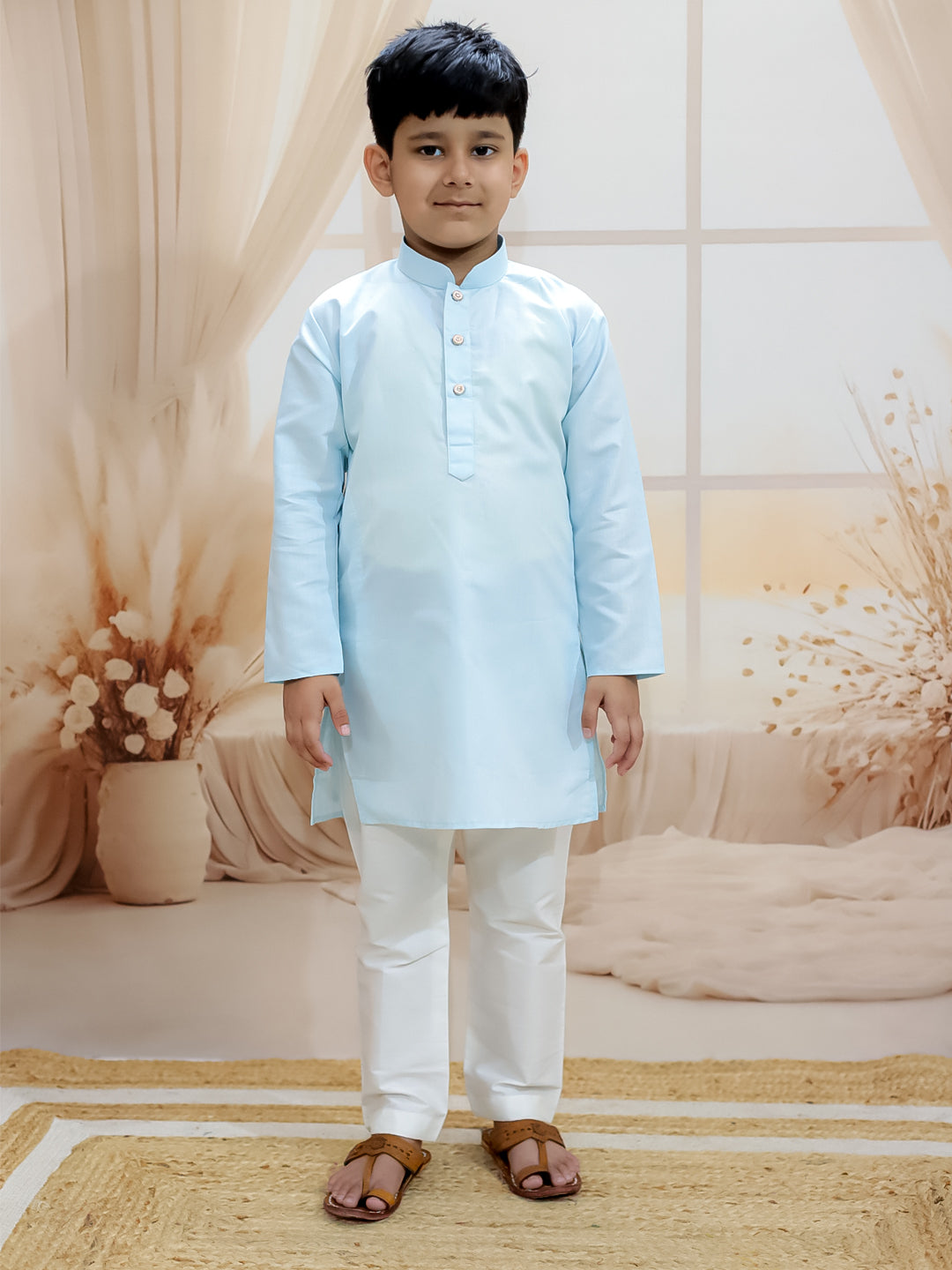 BownBee Foil Print Long Jacket with Kurta Pajama for Boys- Blue
