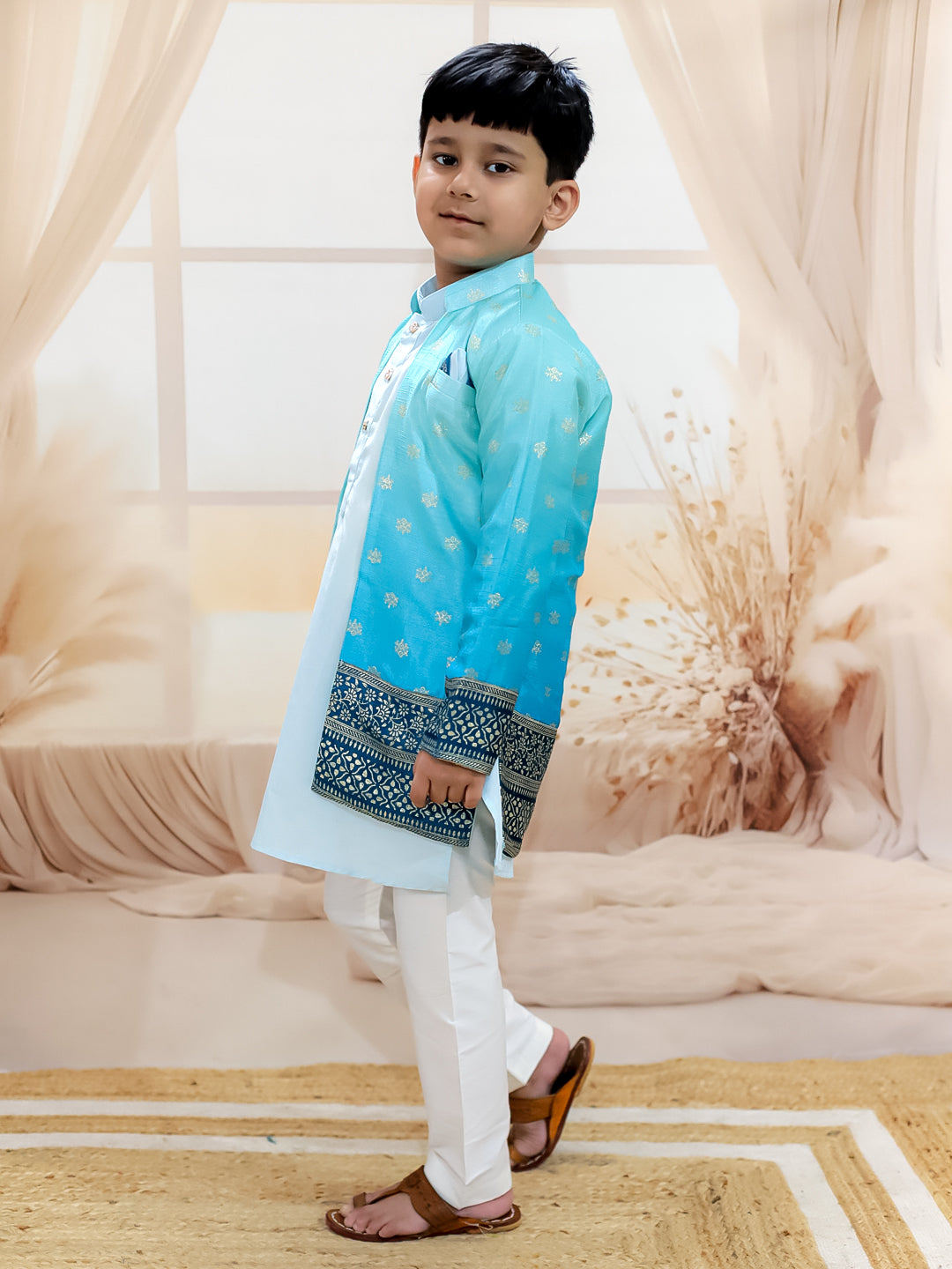 BownBee Foil Print Long Jacket with Kurta Pajama for Boys- Blue