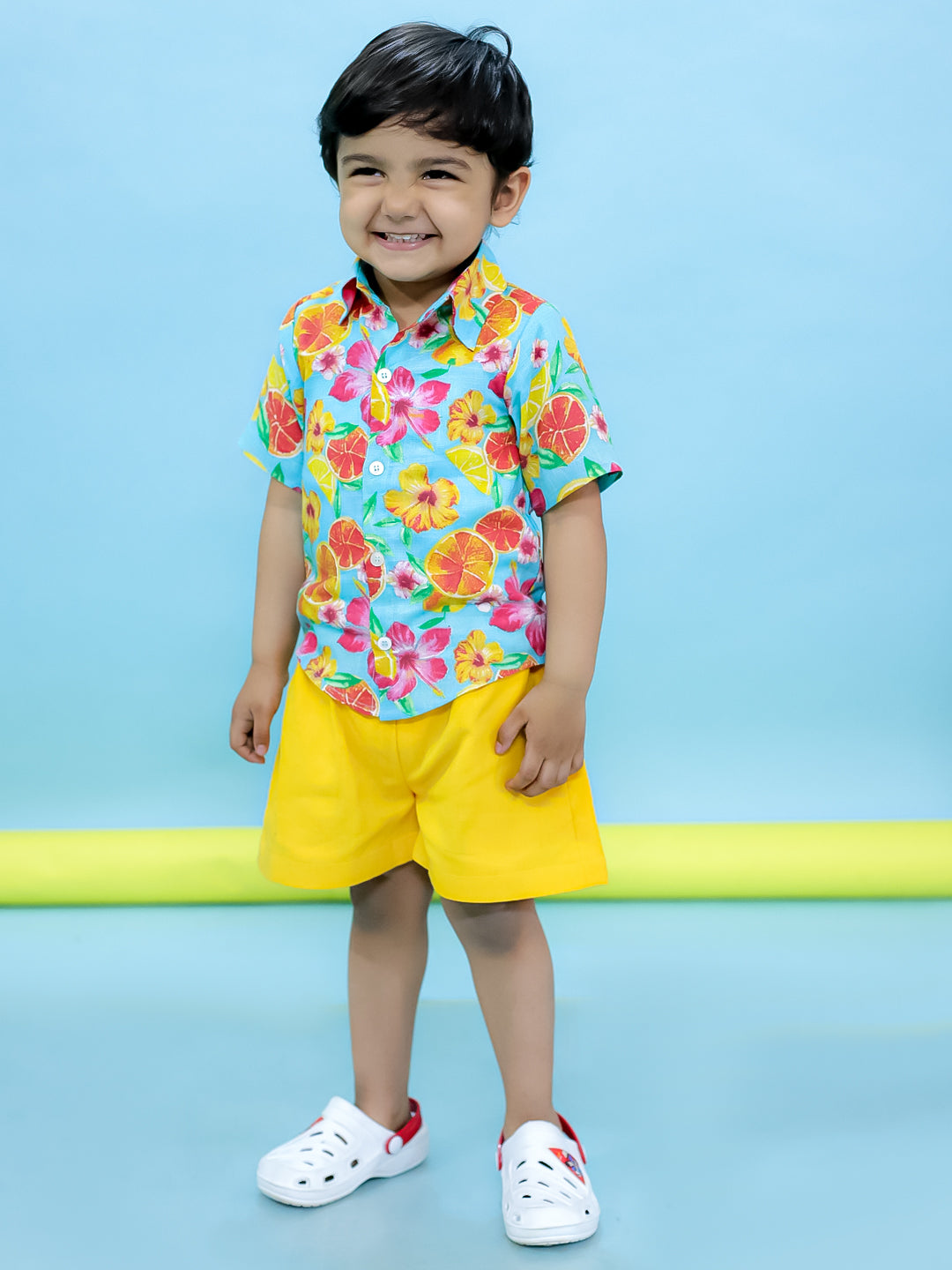 BownBee SunnyCitrus Shirt & Shorts Set & Summer Dress Sibling Set - Blue