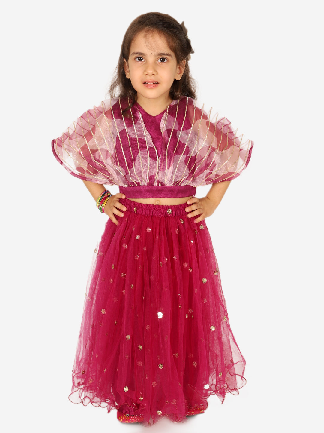 BownBee Organza Cape Choli with Sequined Net Lehenga for Girls- Purple