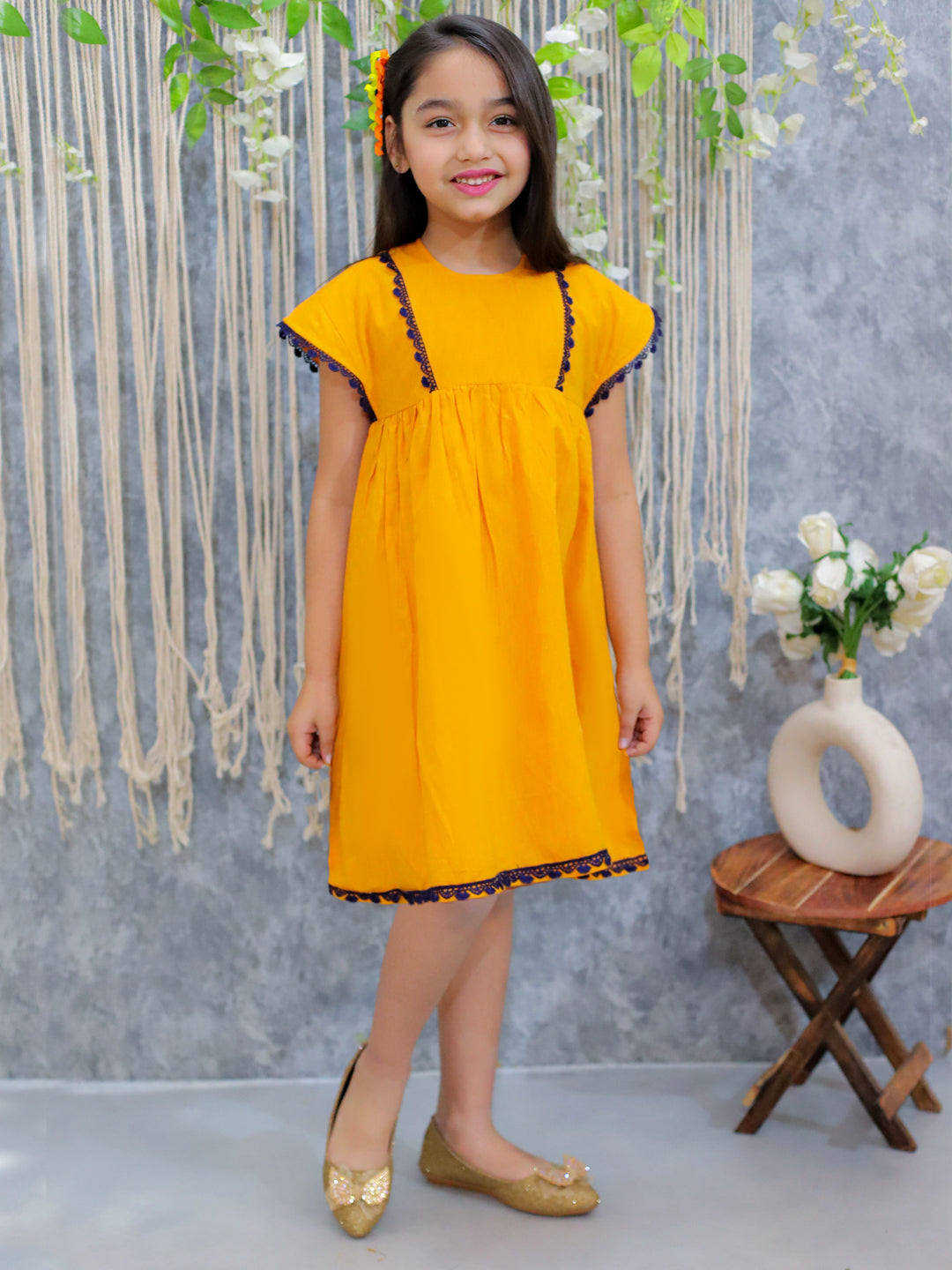 BownBee Pure Cotton Panelled Summer Frock for Girls- Orange