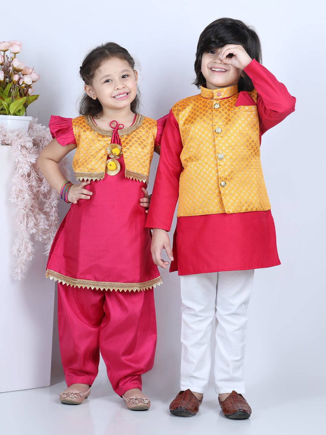 BownBee Sibling Sets Attached Jacquard Jacket Kurta Pajama for Boys Salwar Suit for Girls- Pink