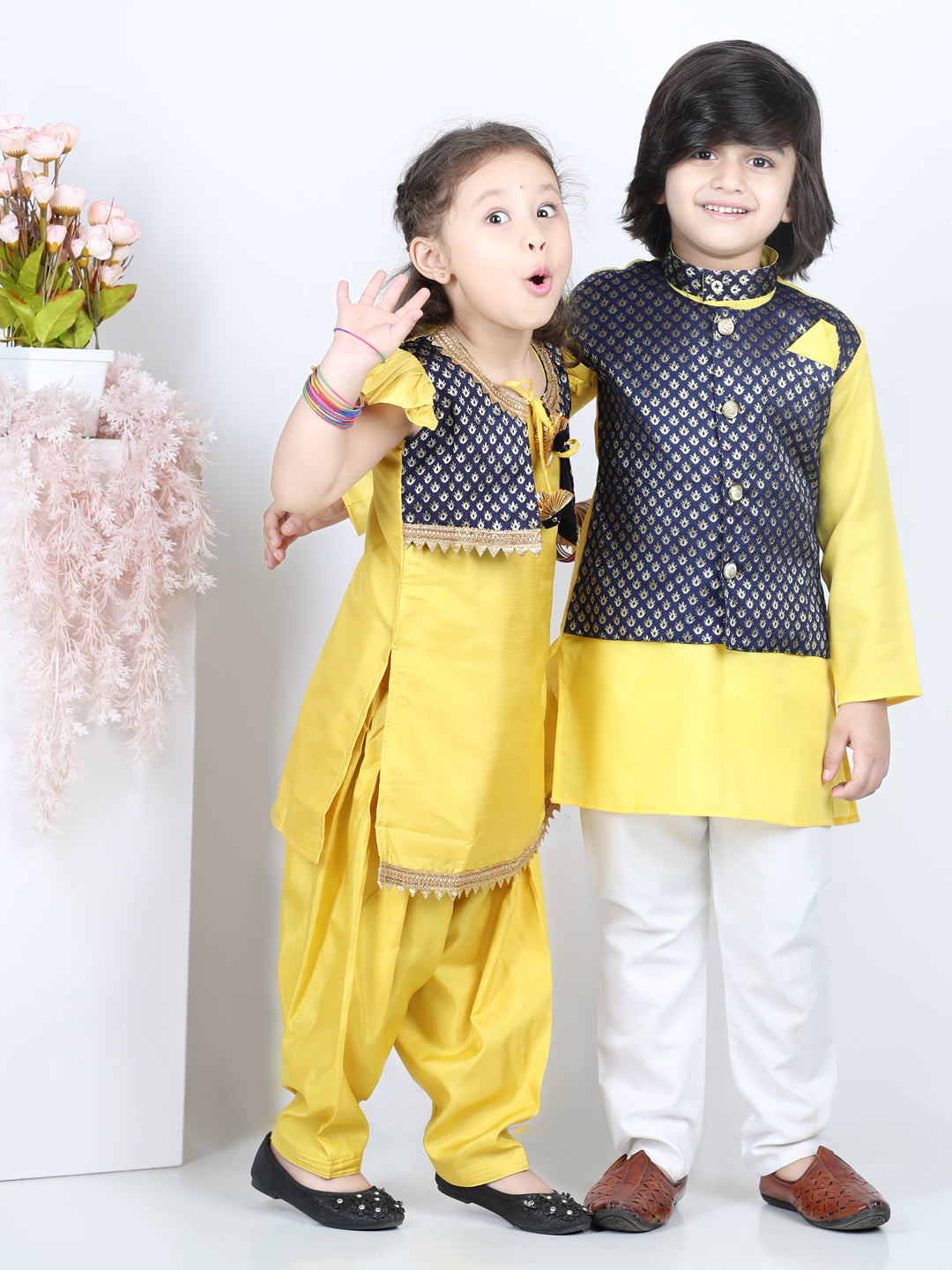 BownBee Sibling Sets Attached Jacquard Jacket Kurta Pajama for Boys Salwar Suit for Girls- Yellow