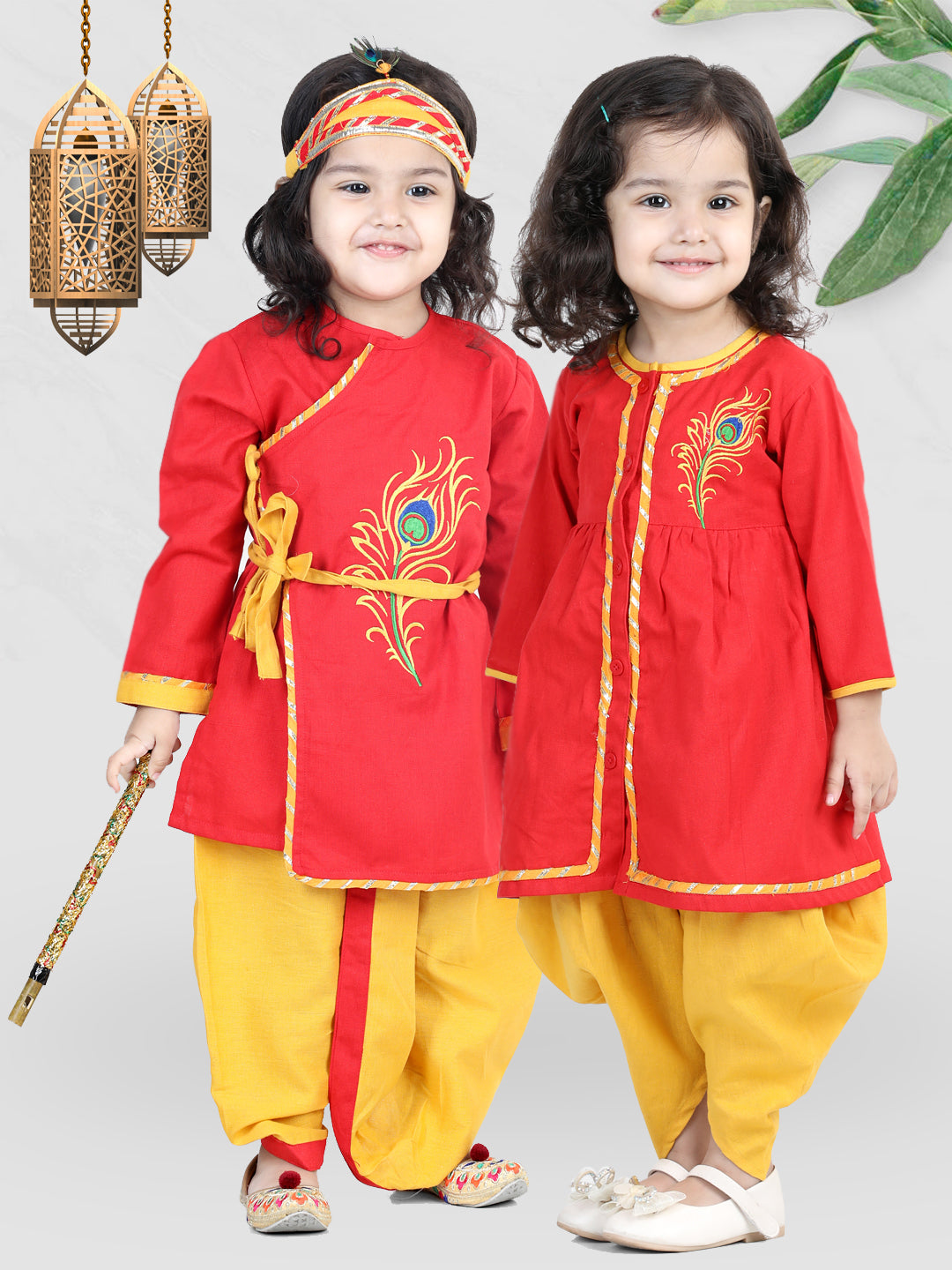 BownBee Cotton Janmasthami Embroidered Kanhaiya Dhoti Kurta for Boys  Dhoti Top Radha with mukut belt bansuri Red