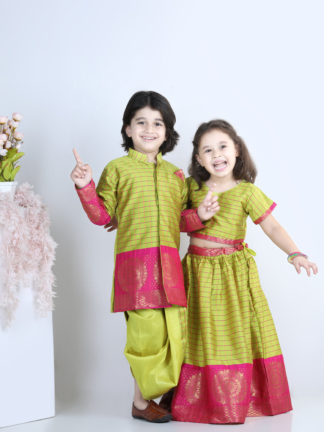 BownBee Sibling set Full Sleeve Silk Border Dhoti Kurta and Half Sleeve South Indian Pavda Pattu Lehenga- Light Green