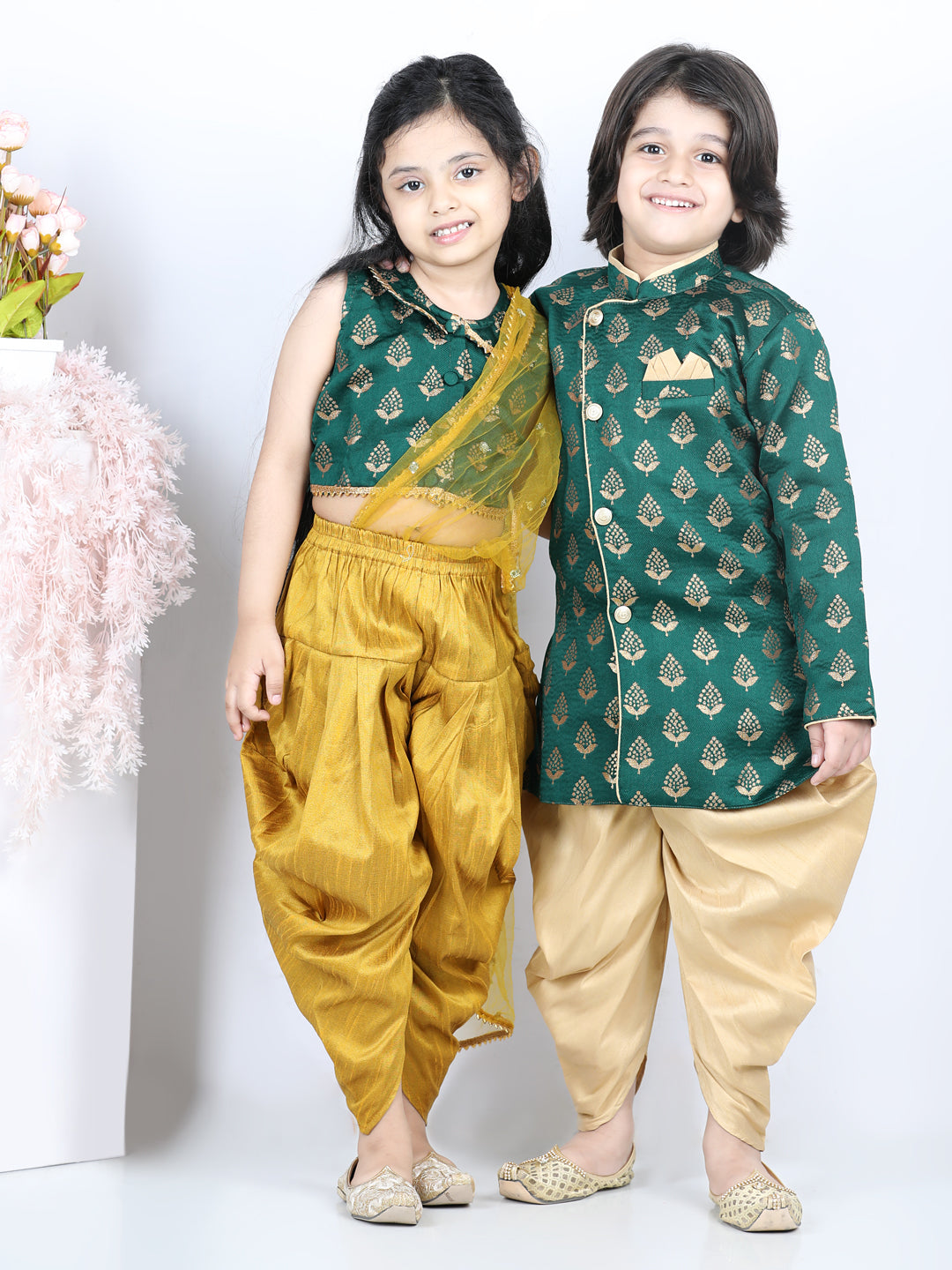 BownBee Sibling set Full Sleeve Jacquard Sherwani and Jacquard Top and Dhoti with attached Dupatta-Green