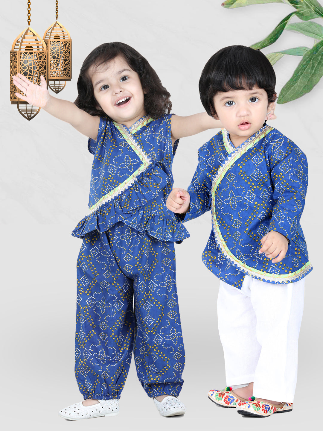 BownBee Sibling set Cotton Kurta Pajama and Top with Harem-Blue