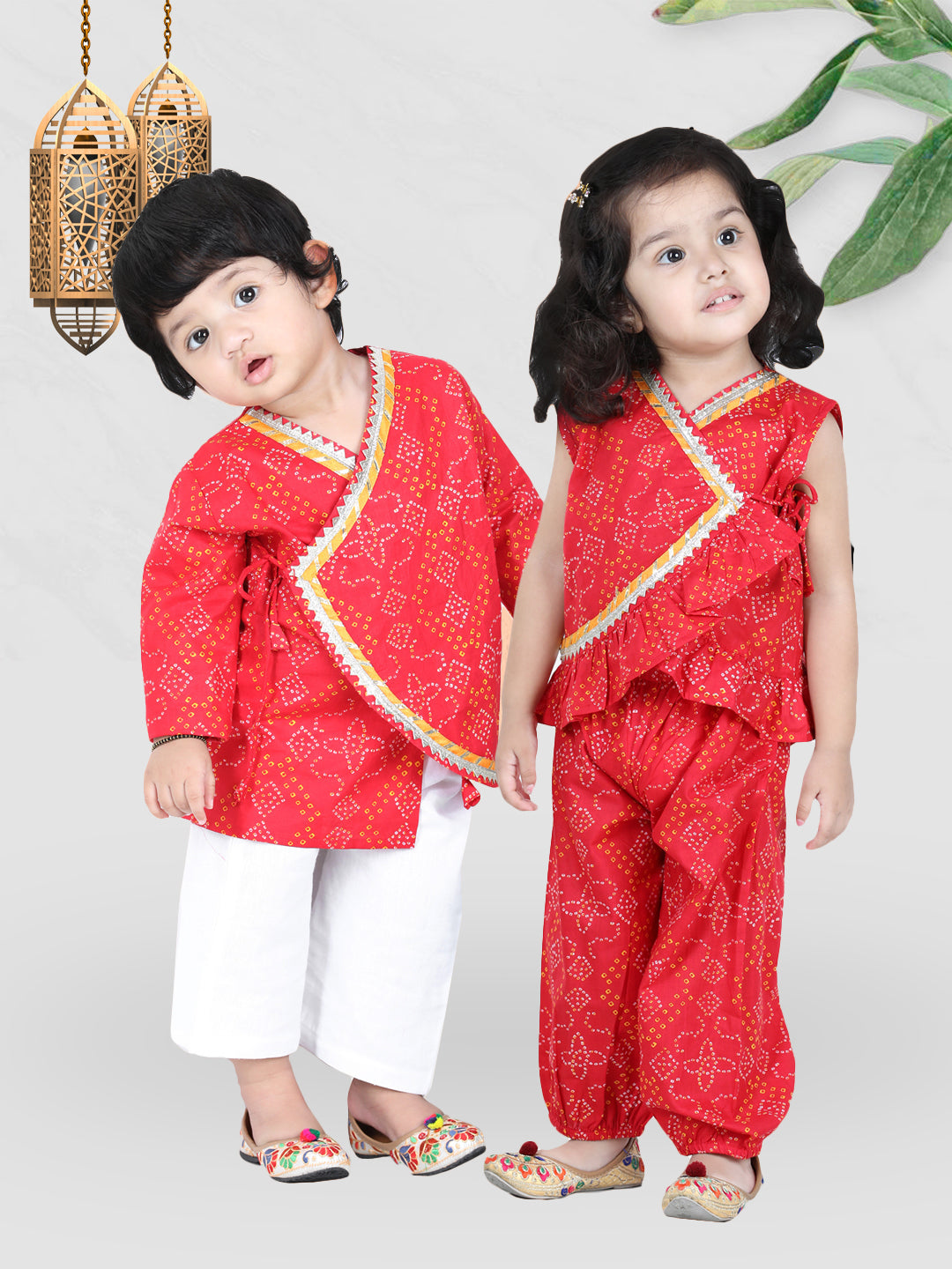 BownBee Sibling set Cotton Kurta Pajama and Top with Harem-Red