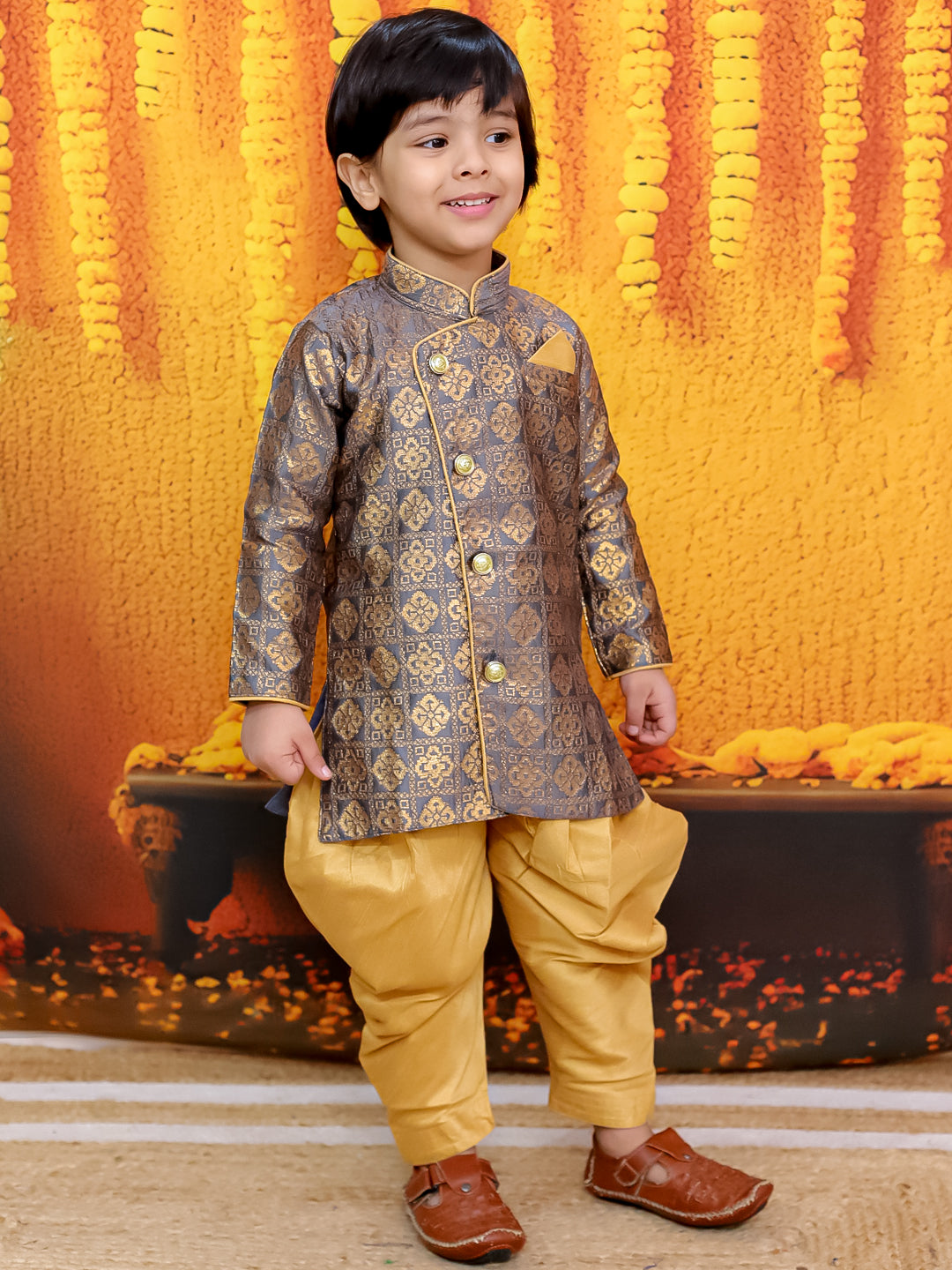 BownBee Jacquard Full Sleeve Sherwani with Salwar for Boys - Gray
