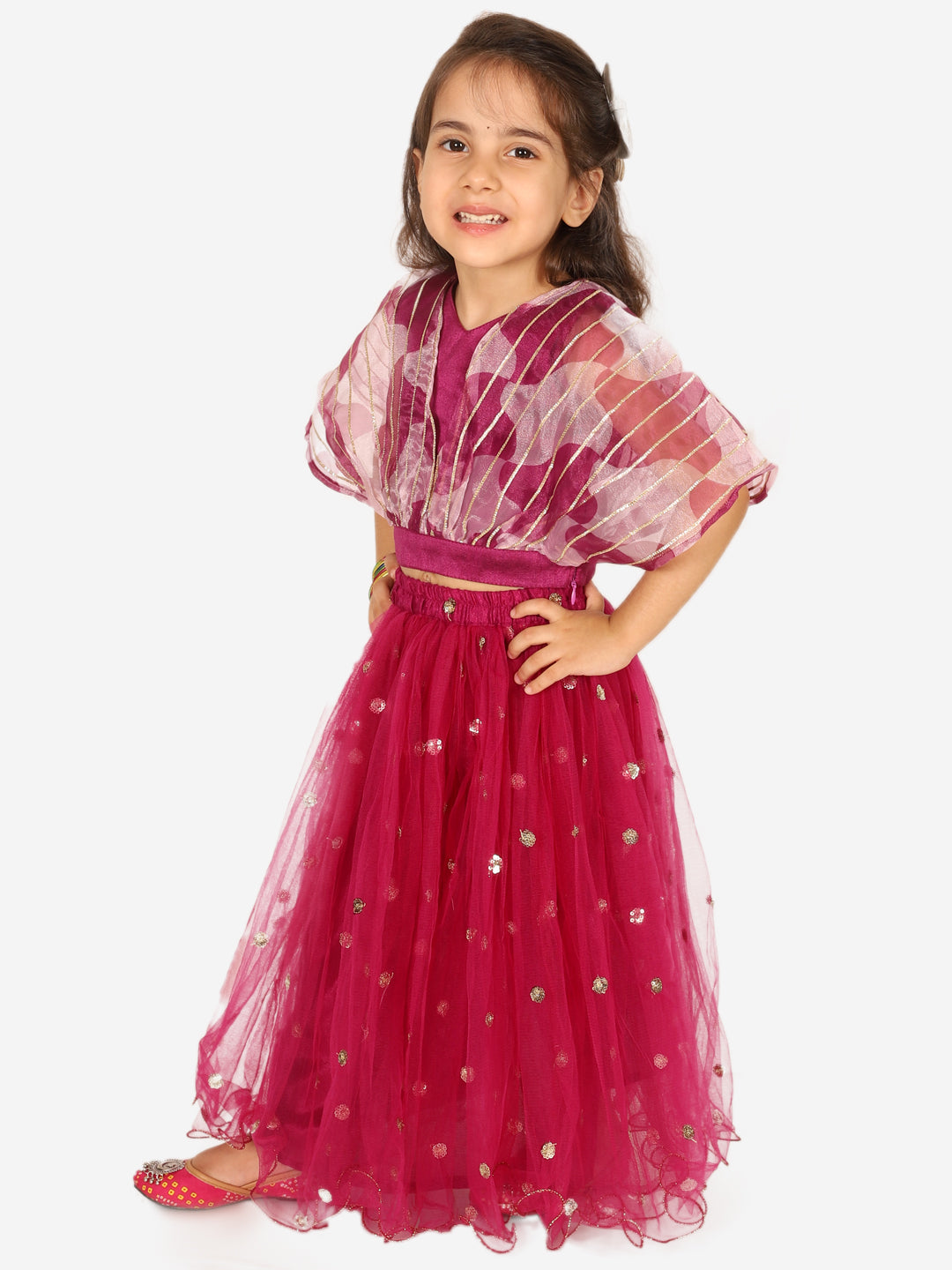 BownBee Organza Cape Choli with Sequined Net Lehenga for Girls- Purple