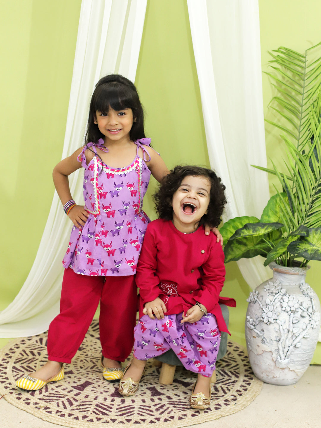BownBee Embroidered Pure Cotton Purple Kurta with Printed Dhoti for Boys and Deer Print Purple Pure Cotton Top Harem Set for Girls