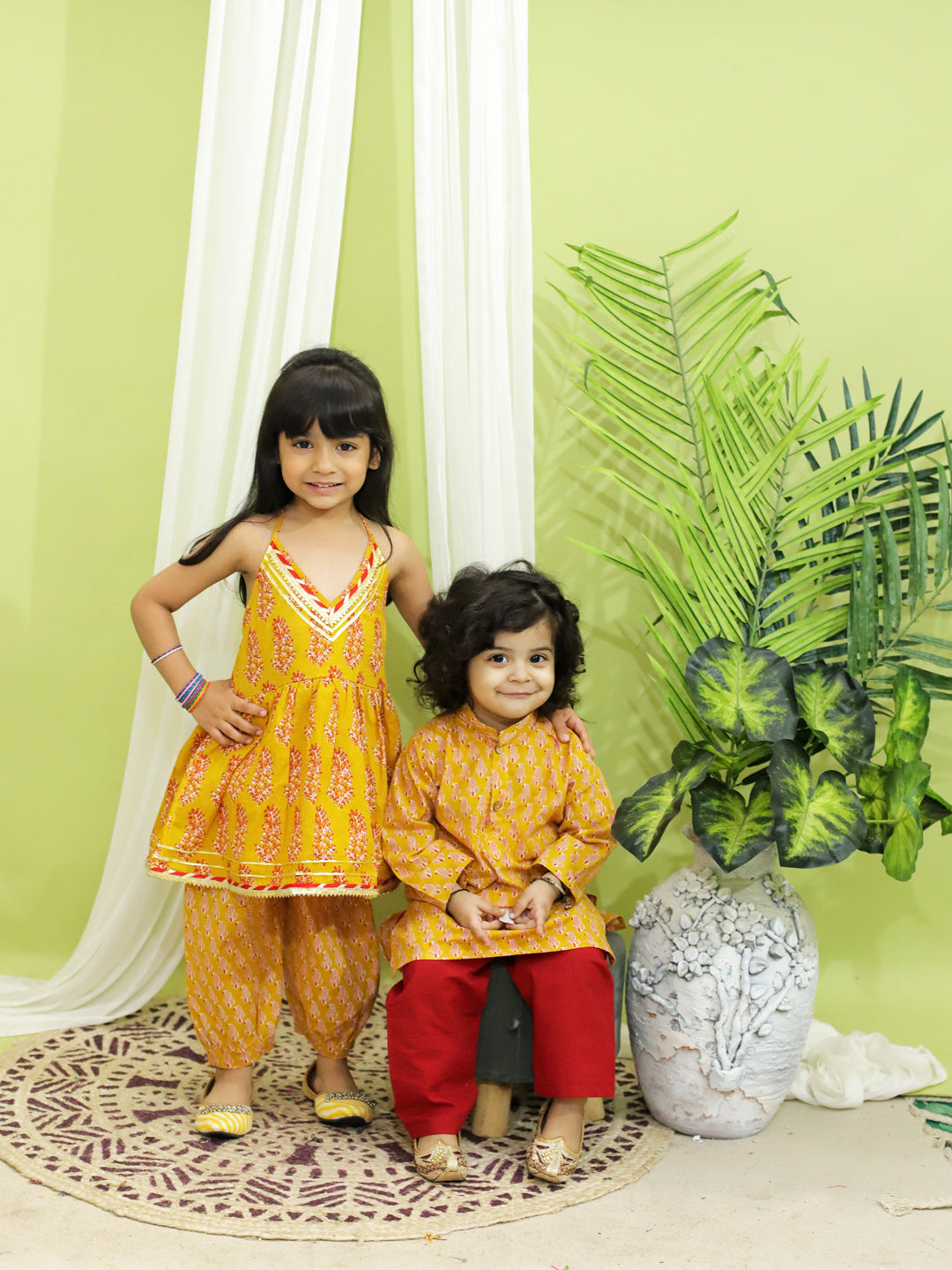 BownBee Pure Cotton Sibling set Kurta Pajama for Boys Halter Neck Kurti with Harem Dhoti pant  for Girls- Yellow