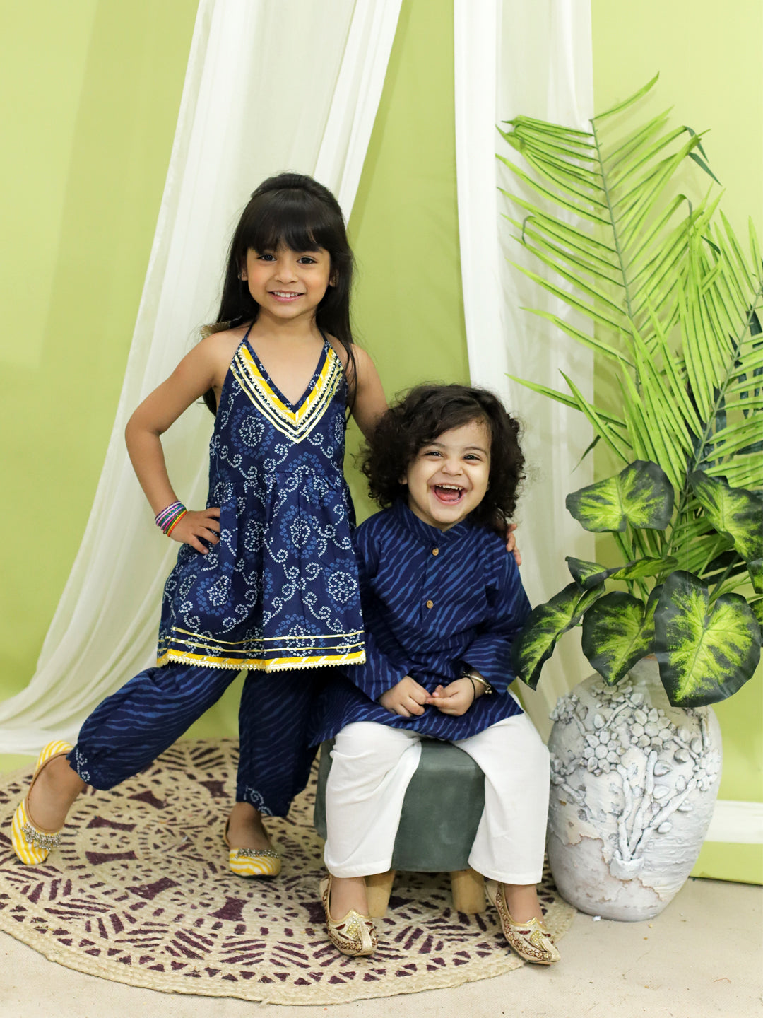 BownBee Pure Cotton Sibling set Kurta Pajama for Boys Halter Neck  Kurti with Harem Dhoti pant  for Girls- Blue