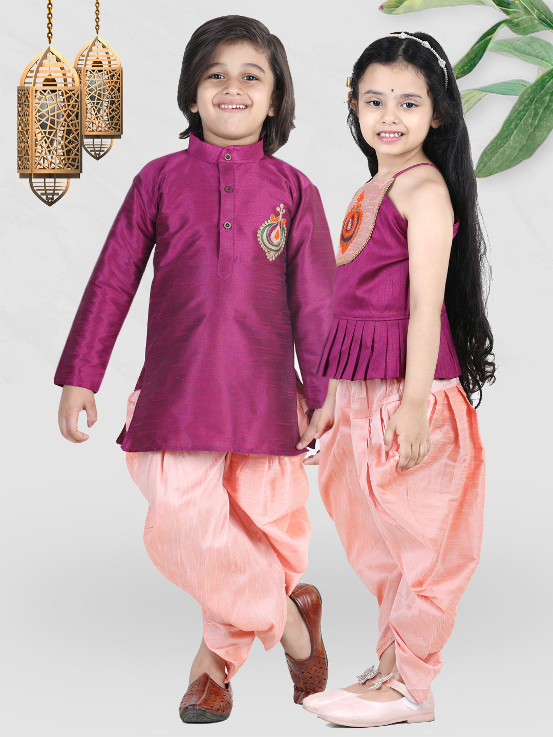 BownBee Sibling Hand Embroidered Dhoti Kurta and Silk Indo Western Dhoti Purple