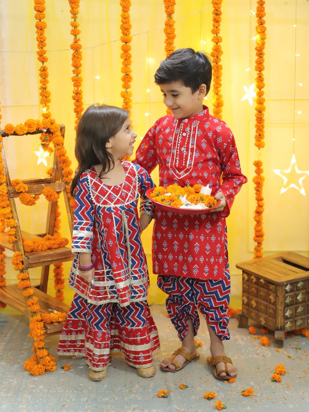 BownBee Sibling Ethnic Festive Wear Pure Cotton Printed  with Gotta patti Kurta Sharara and Kurta Dhoti- Red