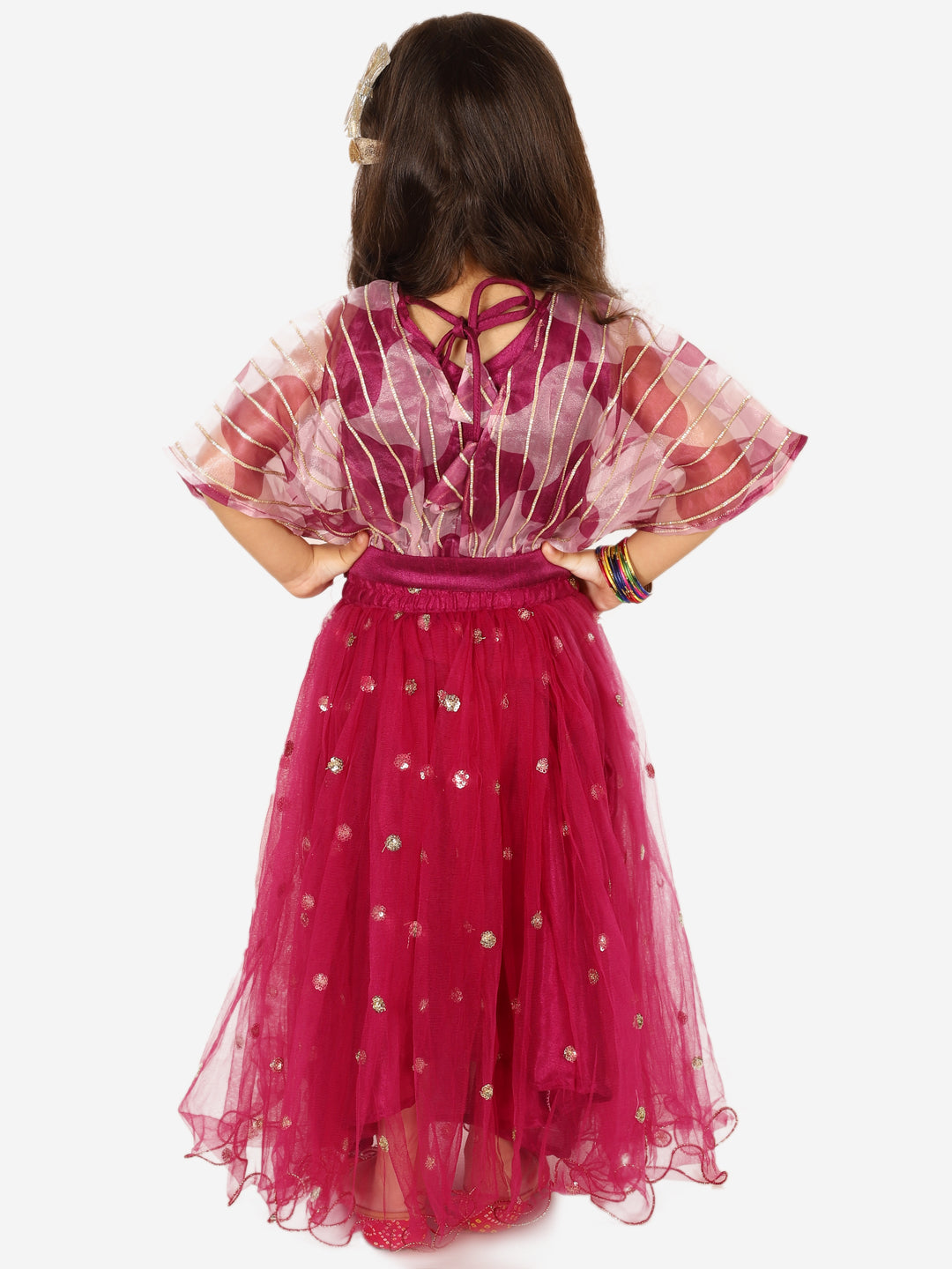 BownBee Organza Cape Choli with Sequined Net Lehenga for Girls- Purple