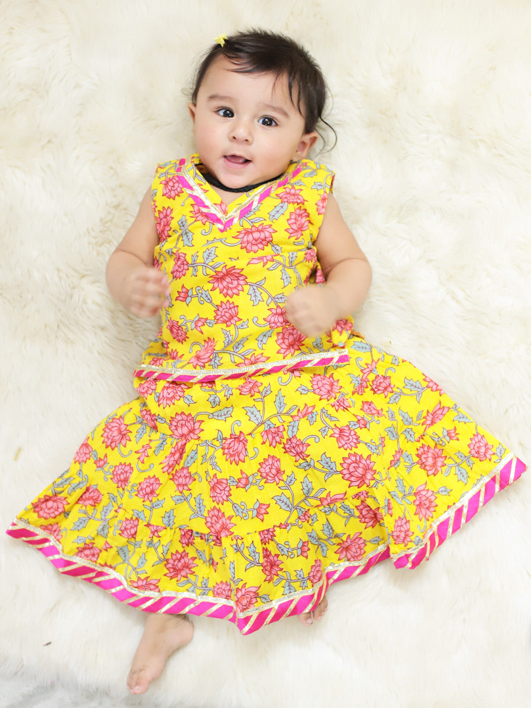 BownBee Pure Cotton Printed Skirt Top Set for Girls- Yellow