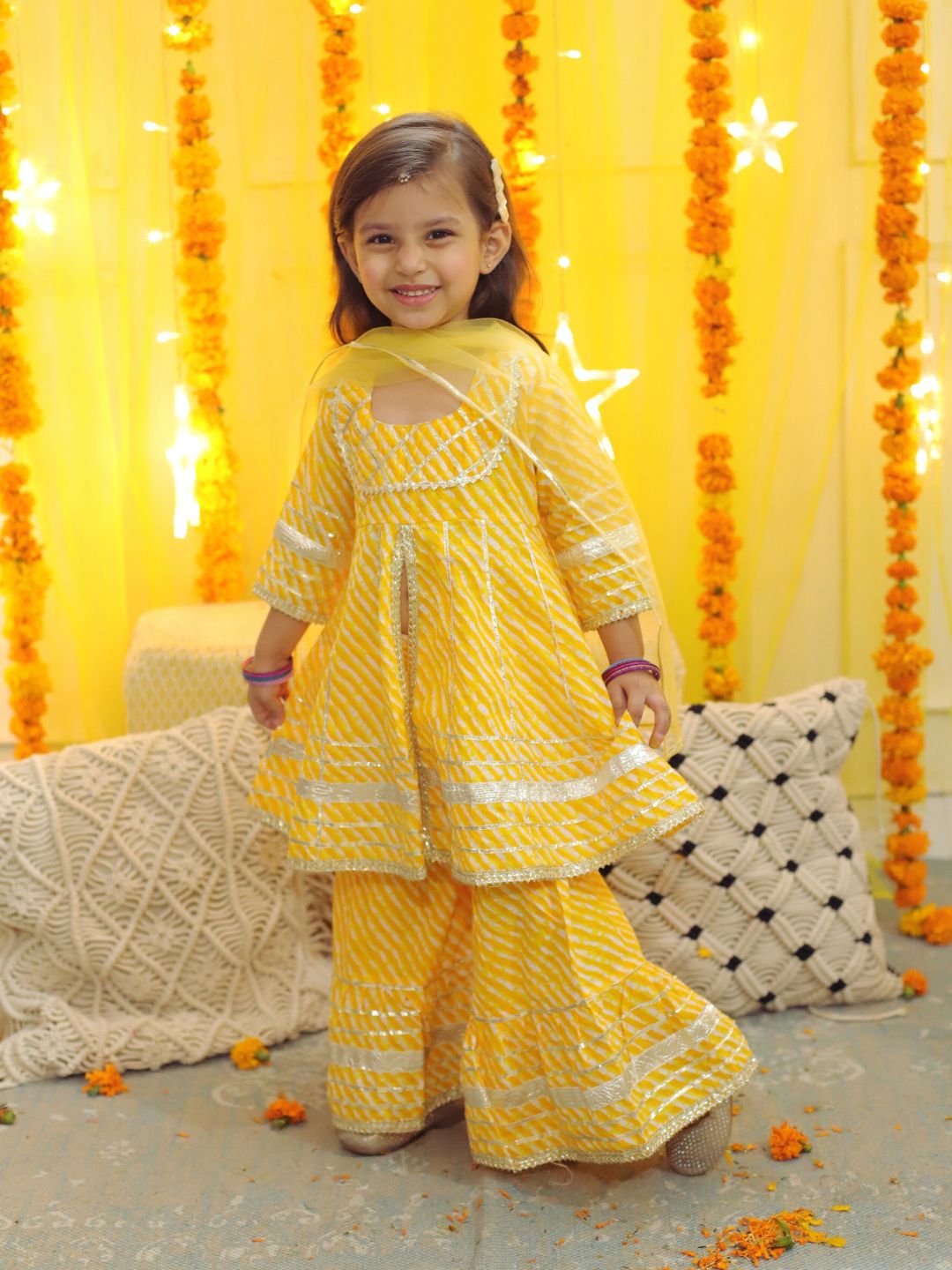 BownBee Pure Cotton Printed Kurta Sharara with Dupatta for Girls- Yellow