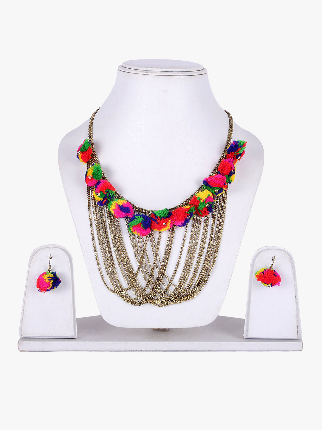BownBee Chain Pompom necklace with earrings- multi