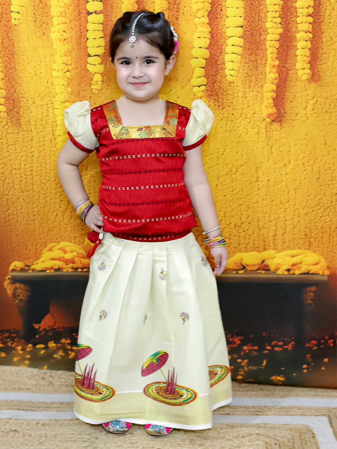 BownBee Half Sleeve South Indian Pavda Pattu Lehenga For Girls - Red