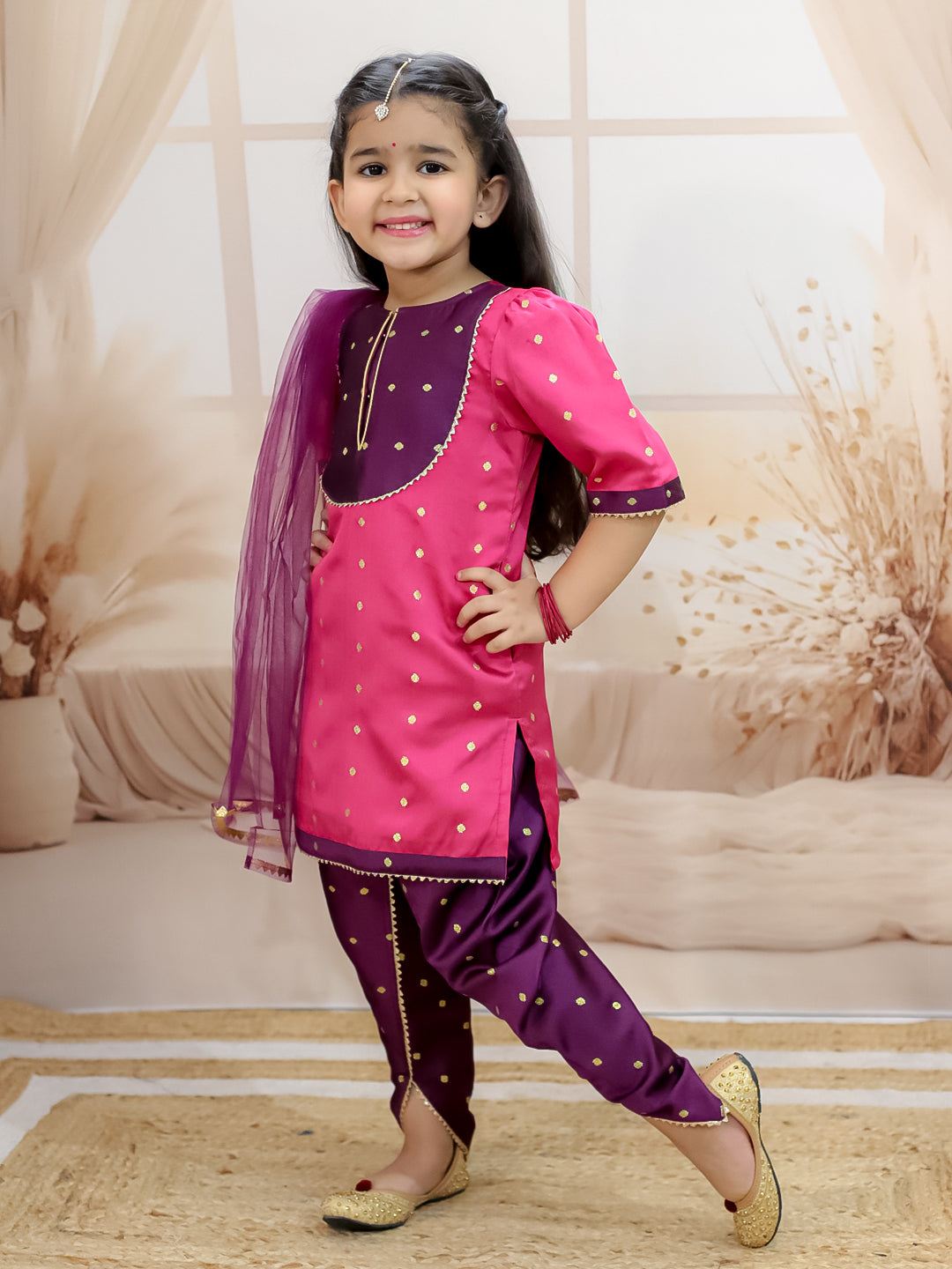 BownBee Malang zari kurta Pyjama & Dhunki Zari Kurta With Tulip Salwaar With Net Dupatta Sibling Set - Purple