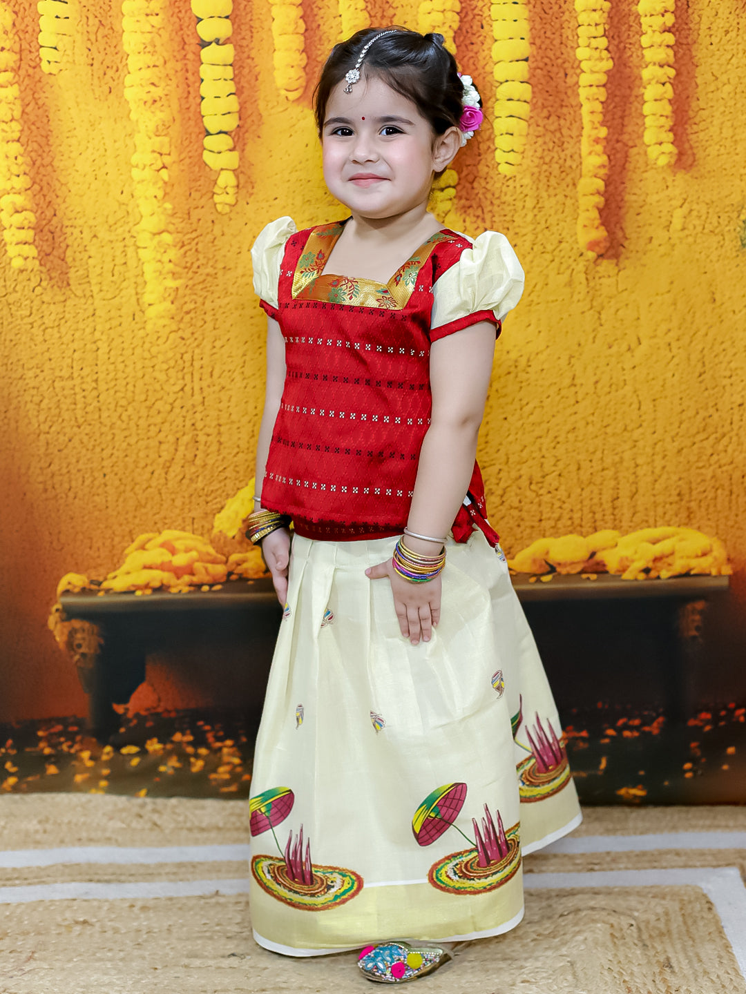 BownBee Half Sleeve South Indian Pavda Pattu Lehenga For Girls - Red