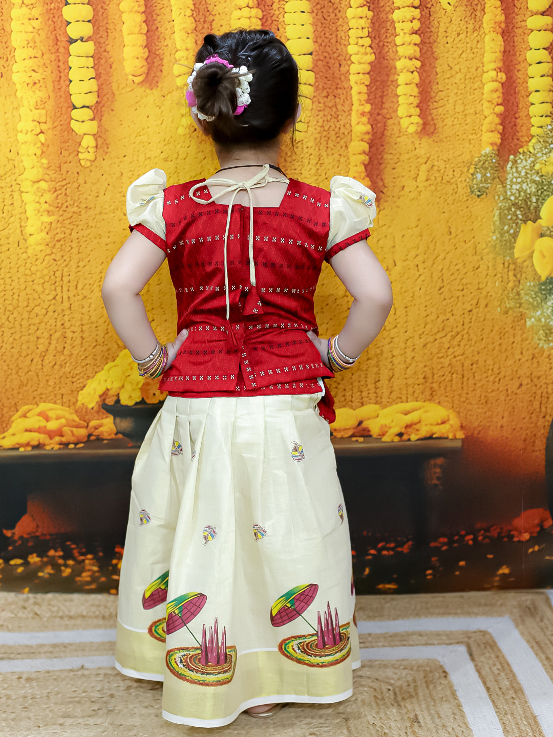 BownBee Half Sleeve South Indian Pavda Pattu Lehenga For Girls - Red