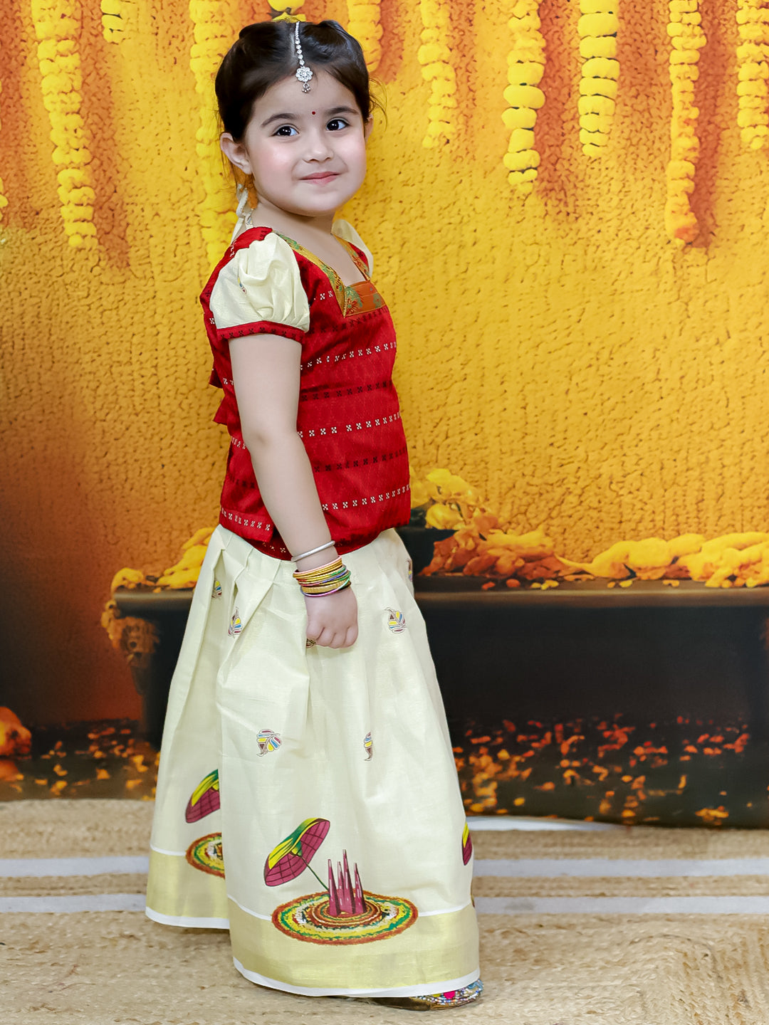 BownBee Half Sleeve South Indian Pavda Pattu Lehenga For Girls - Red