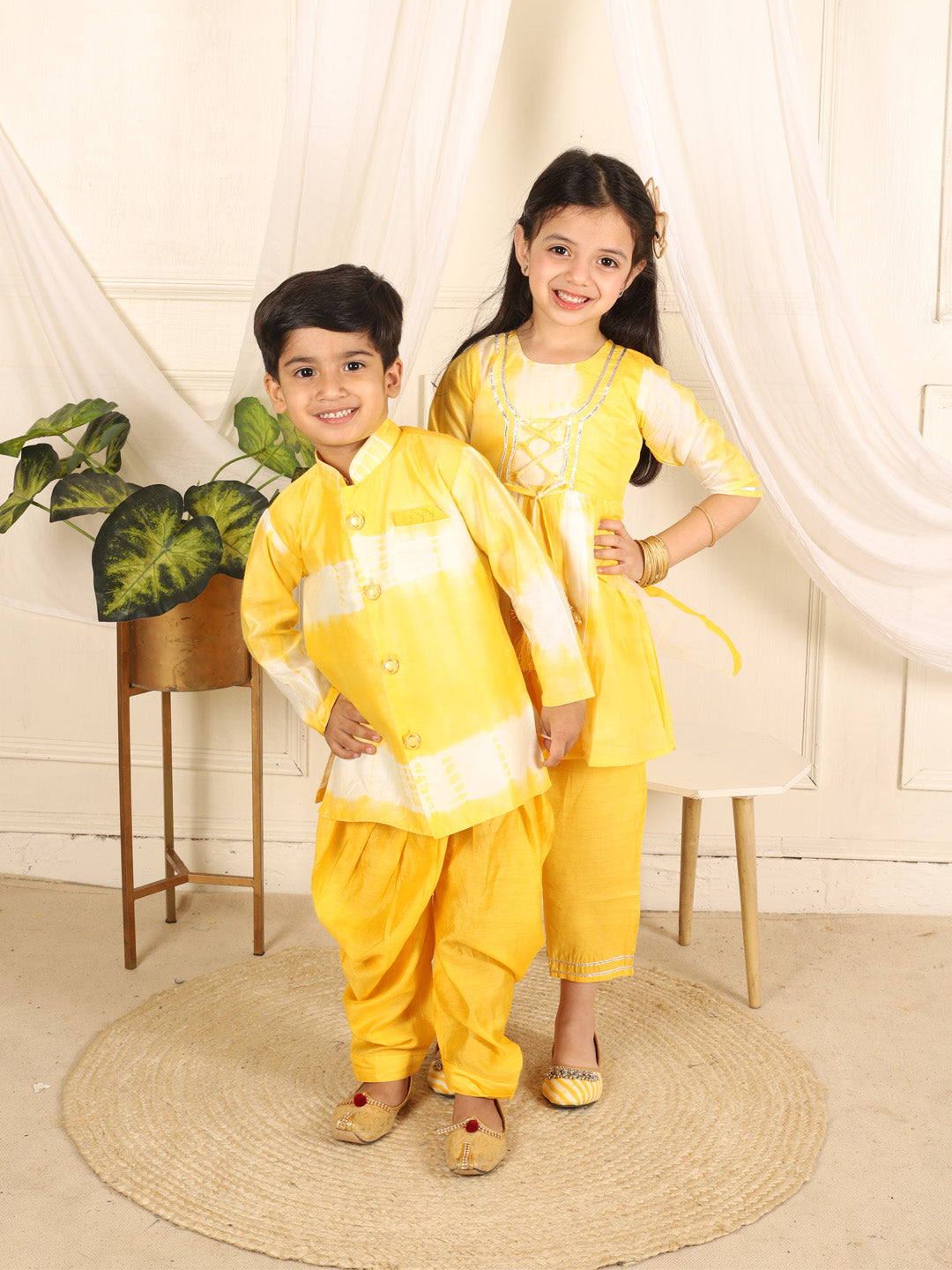 BownBee Sibling Hand Dyed Chanderi Silk Sherwani Salwar For Boys-Kurti Pant with Dupatta for Girls Yellow