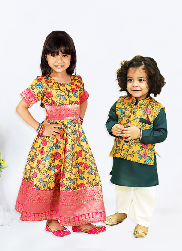 BownBee Kalamkari Print Party Dress Gown for Girls and Printed Jacket with Kurta Pajama for Boys- Yellow