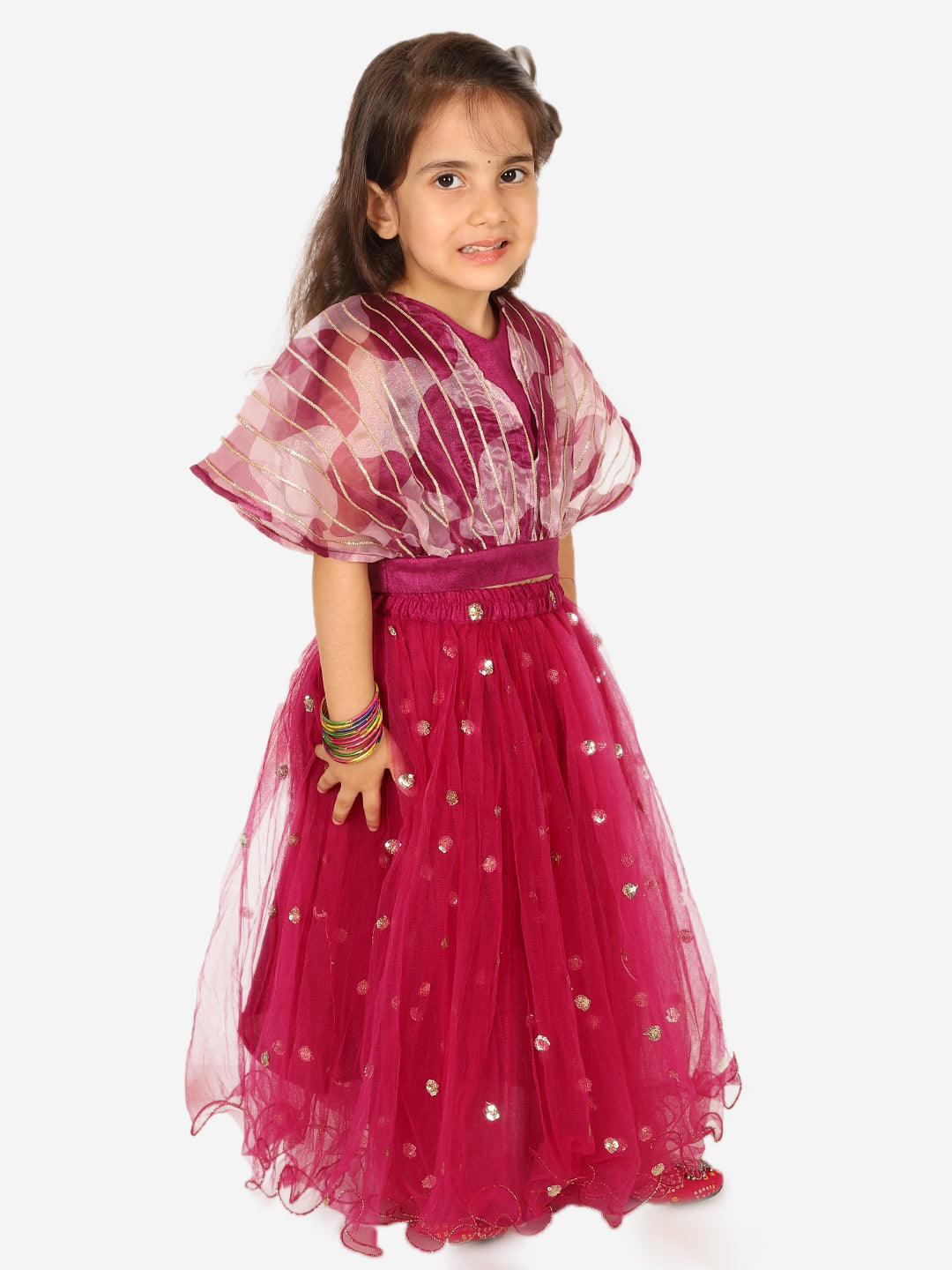 BownBee Organza Cape Choli with Sequined Net Lehenga for Girls- Purple