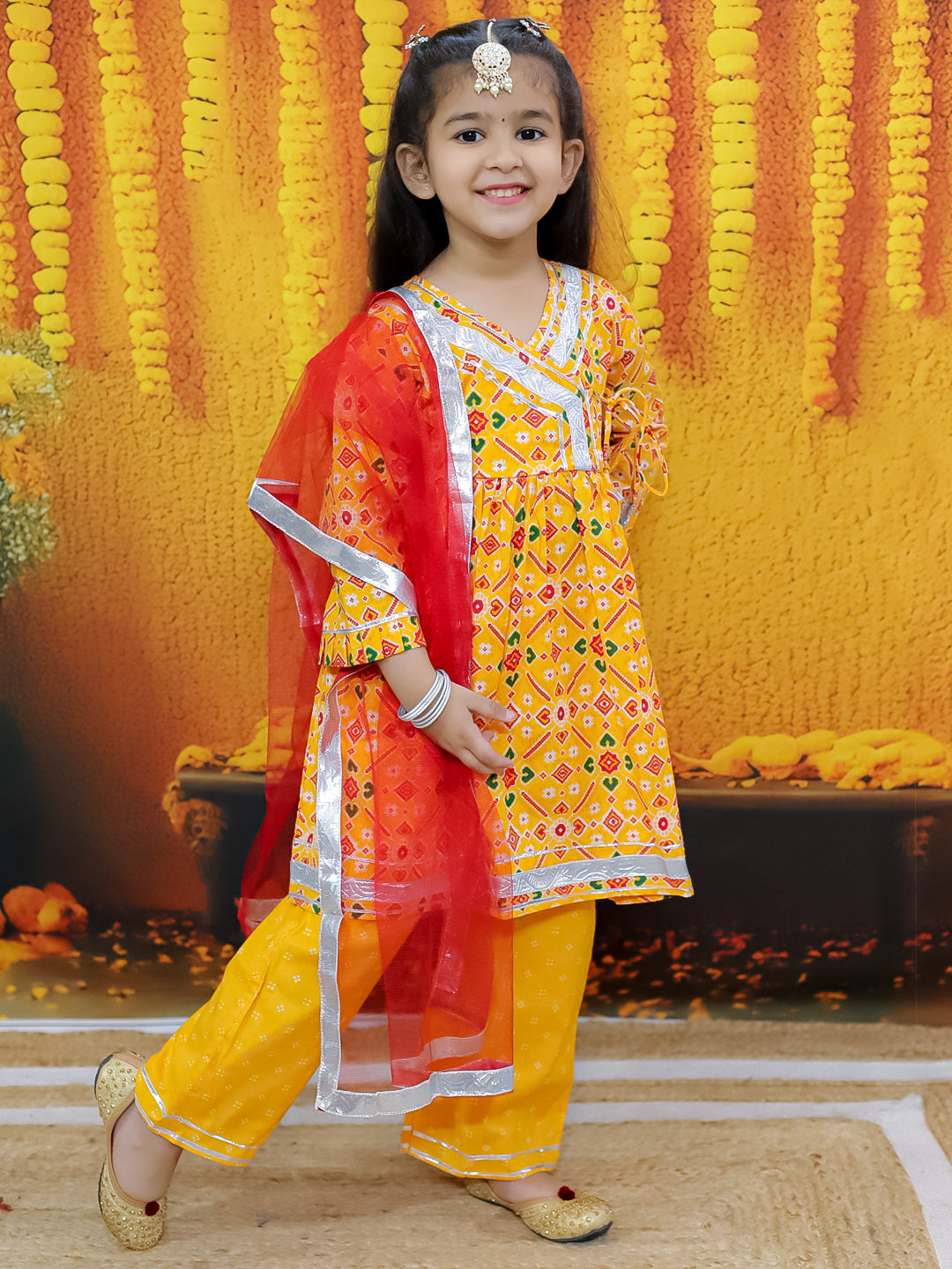 BownBee Girls Pure Cotton Angrakha Kurti Pant with Dupatta - Yellow