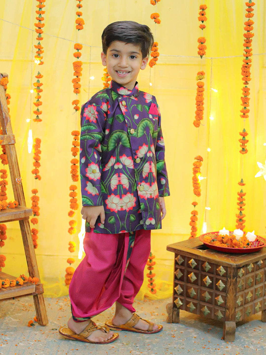 BownBee Printed Full Sleeve Sherwani with Cotton Dhoti and Chanderi Kurta with Printed Salwar and Dupatta for Girls- Pink