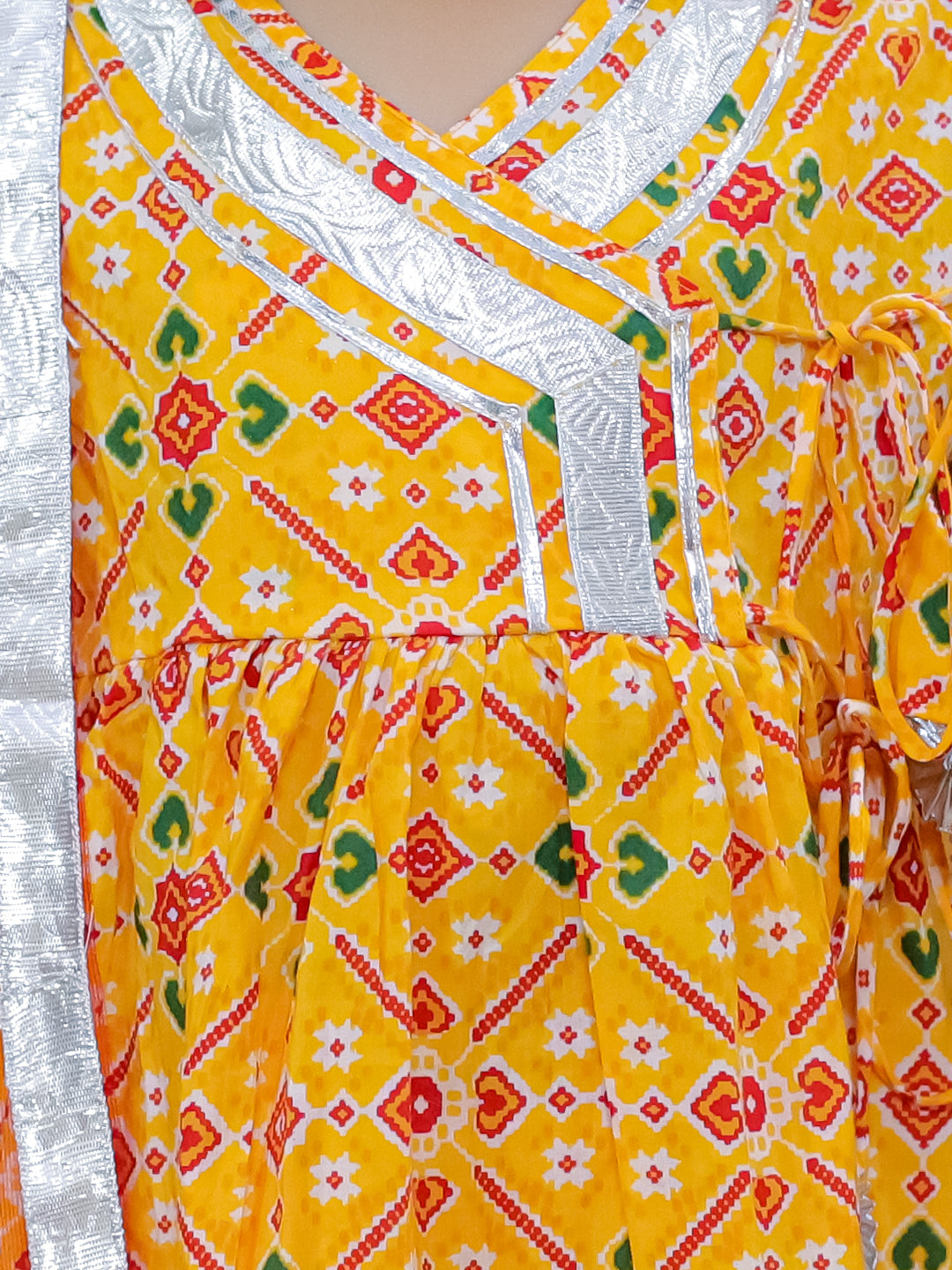 BownBee Girls Pure Cotton Angrakha Kurti Pant with Dupatta - Yellow