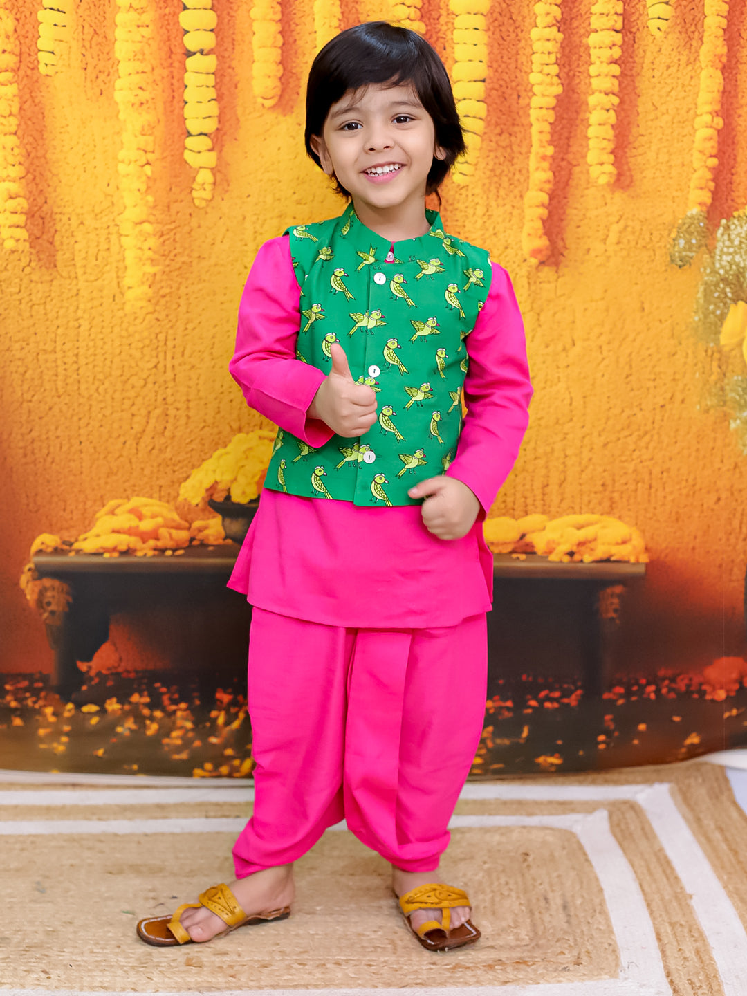 BownBee Pure Cotton Jacket Kurta Dhoti with Kurti Sharara Dupatta Set- Green