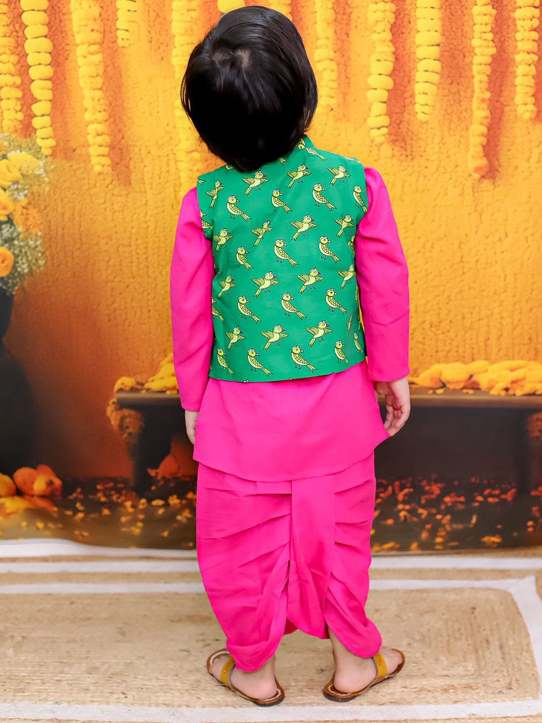 BownBee Pure Cotton Jacket with Full Sleeve Kurta Dhoti Set for Boys- Green