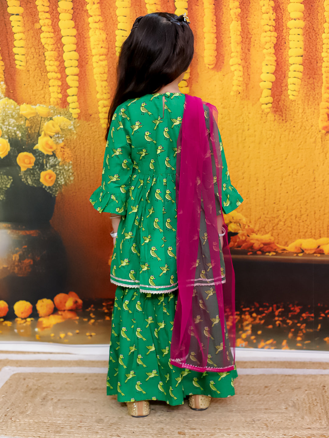 BownBee Pure Cotton Jacket Kurta Dhoti with Kurti Sharara Dupatta Set- Green