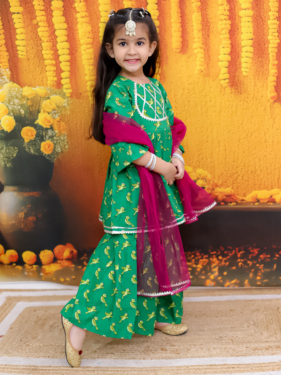 BownBee Pure Cotton Jacket Kurta Dhoti with Kurti Sharara Dupatta Set- Green