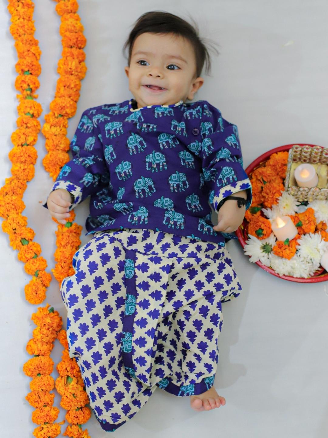 BownBee Pure Cotton Full Sleeve Dhoti Kurta for Baby Boy- Blue