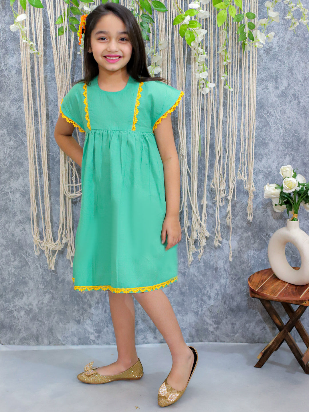 BownBee Pure Cotton Panelled Summer Frock for Girls- Green