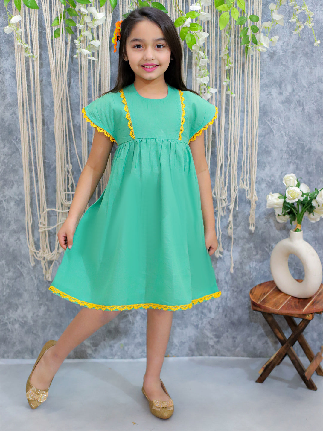 BownBee Pure Cotton Panelled Summer Frock for Girls- Green
